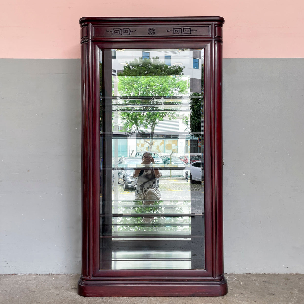 Tall Rosewood Glass Display Cabinet with Lighting