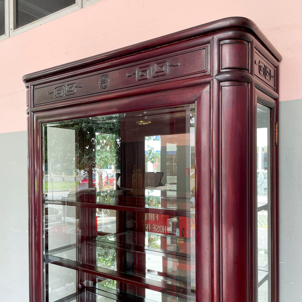 Tall Rosewood Glass Display Cabinet with Lighting