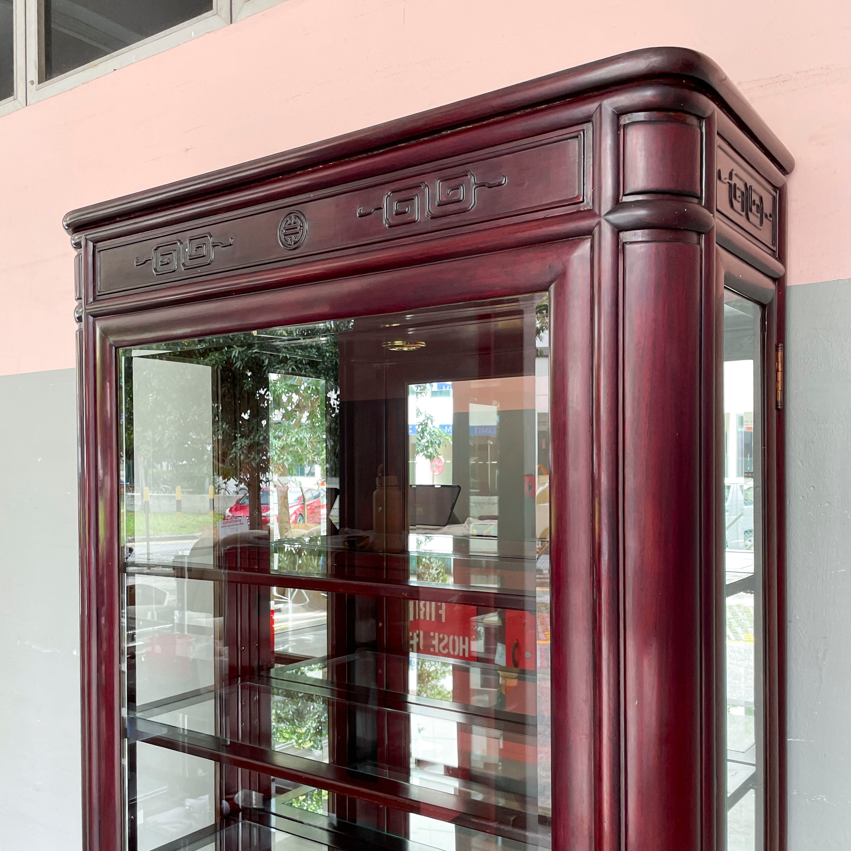 Tall Rosewood Glass Display Cabinet with Lighting