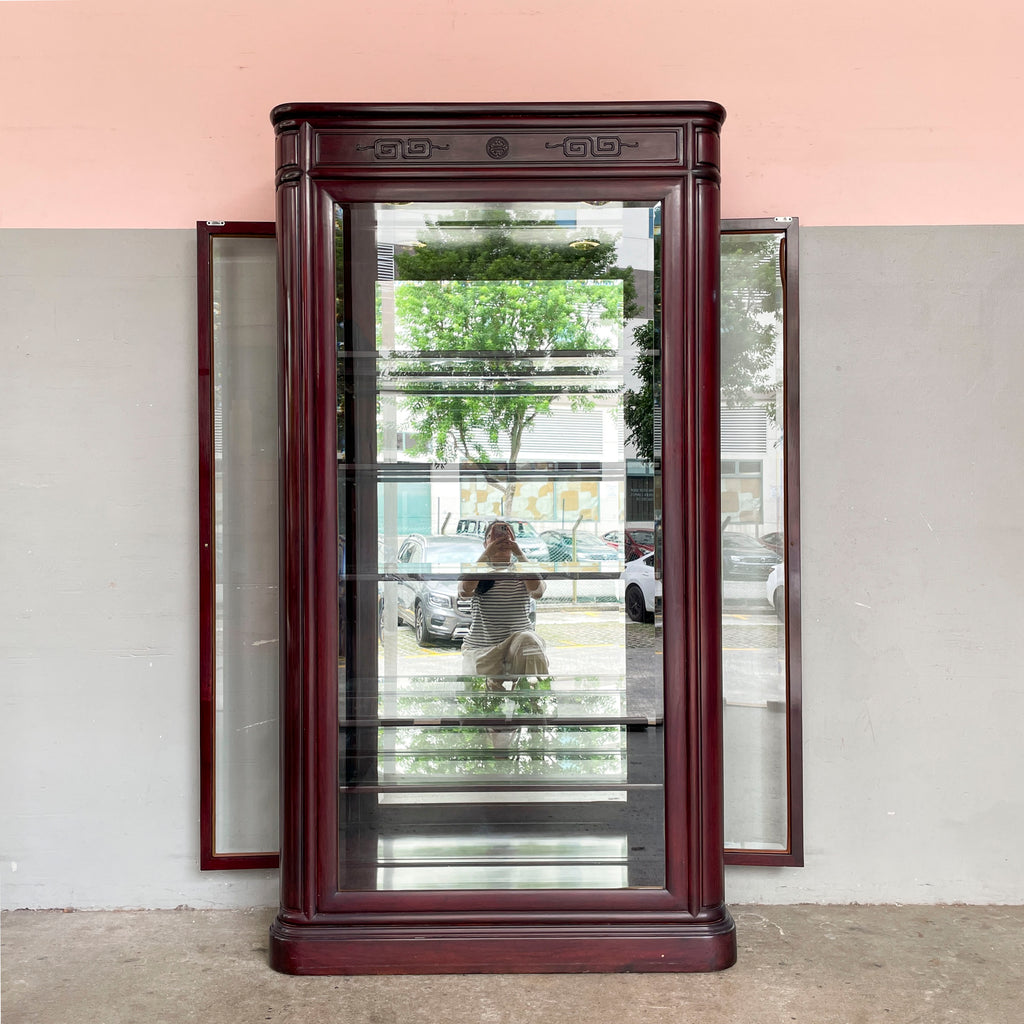 Tall Rosewood Glass Display Cabinet with Lighting