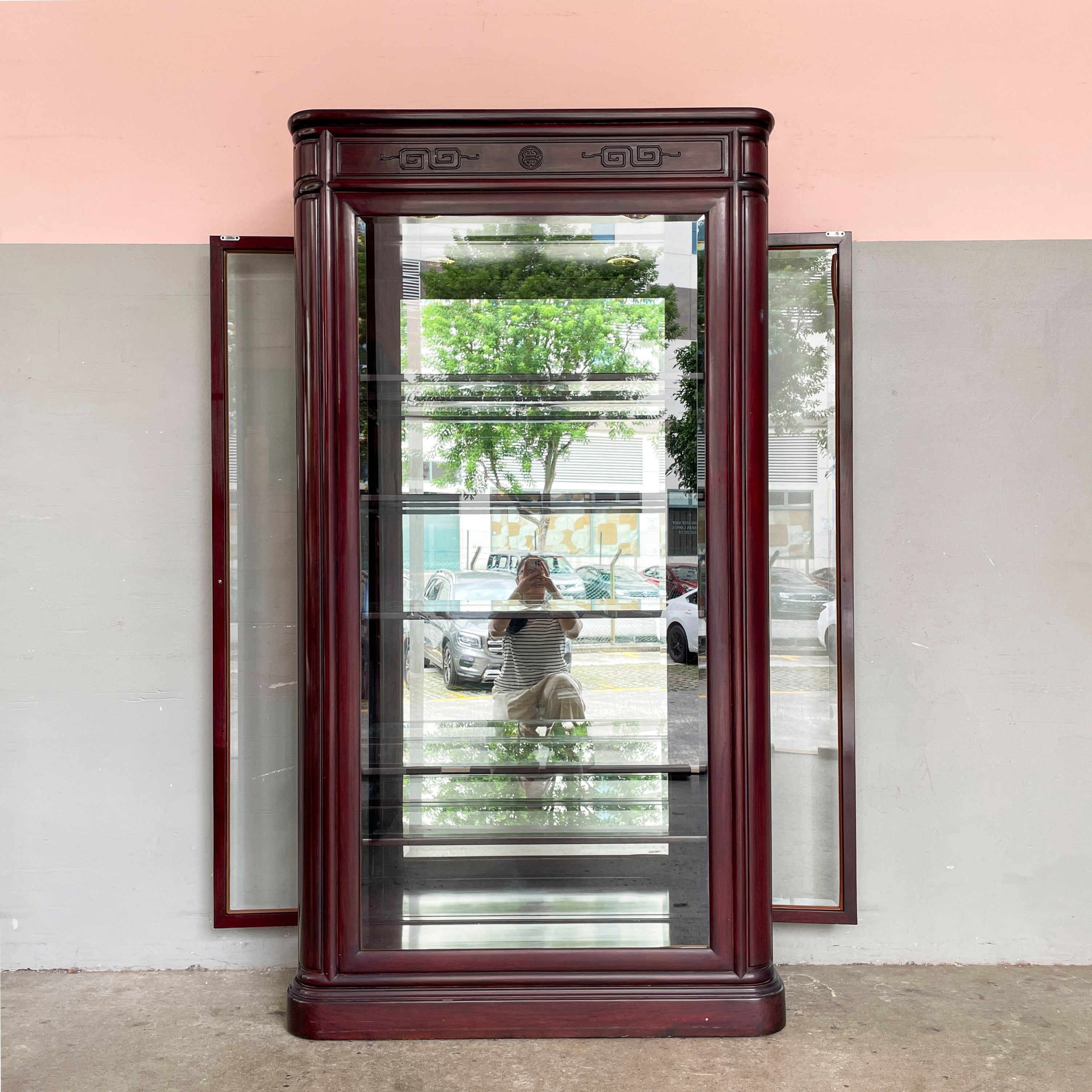 Tall Rosewood Glass Display Cabinet with Lighting