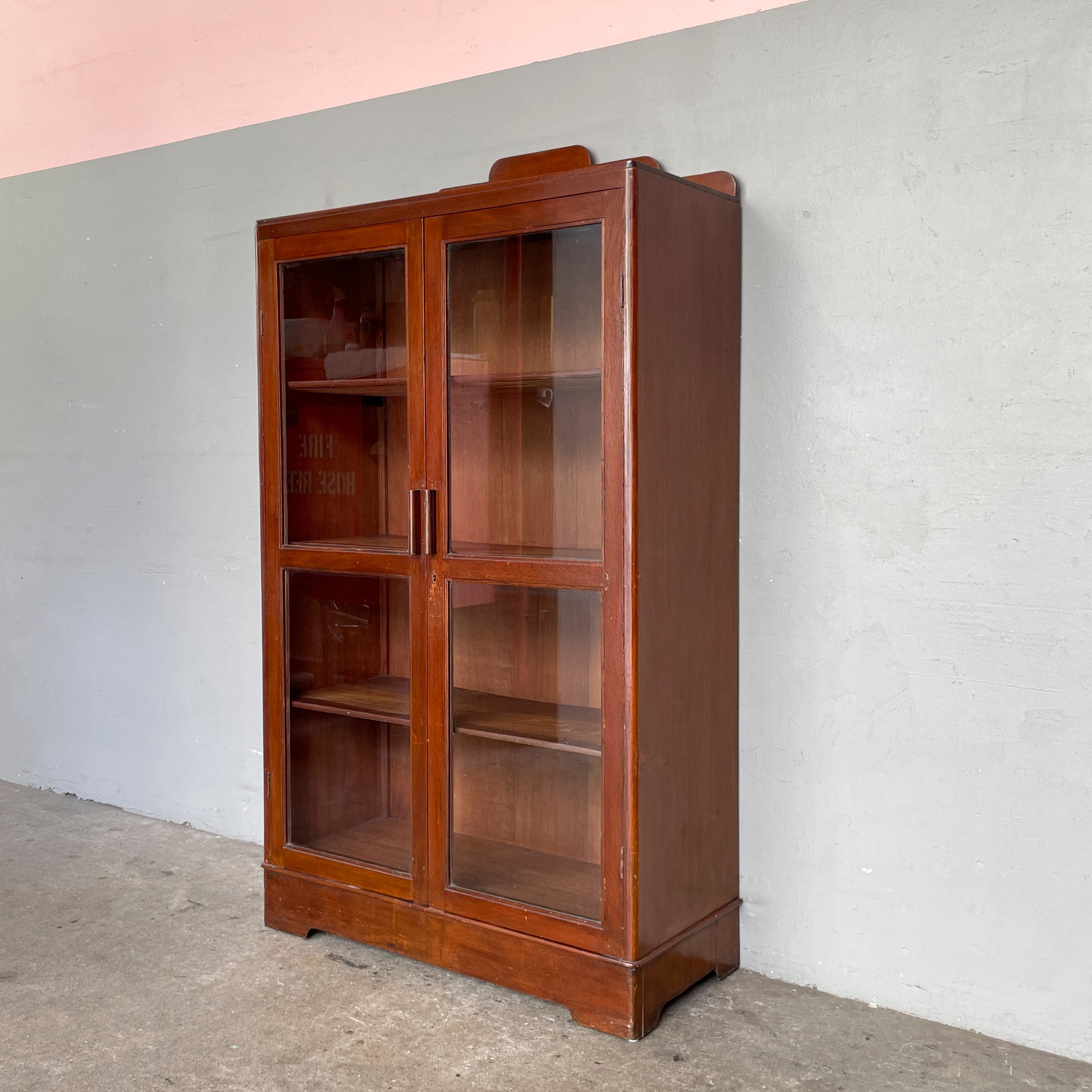 Vintage Teak Display Cabinet with Stepped Crown