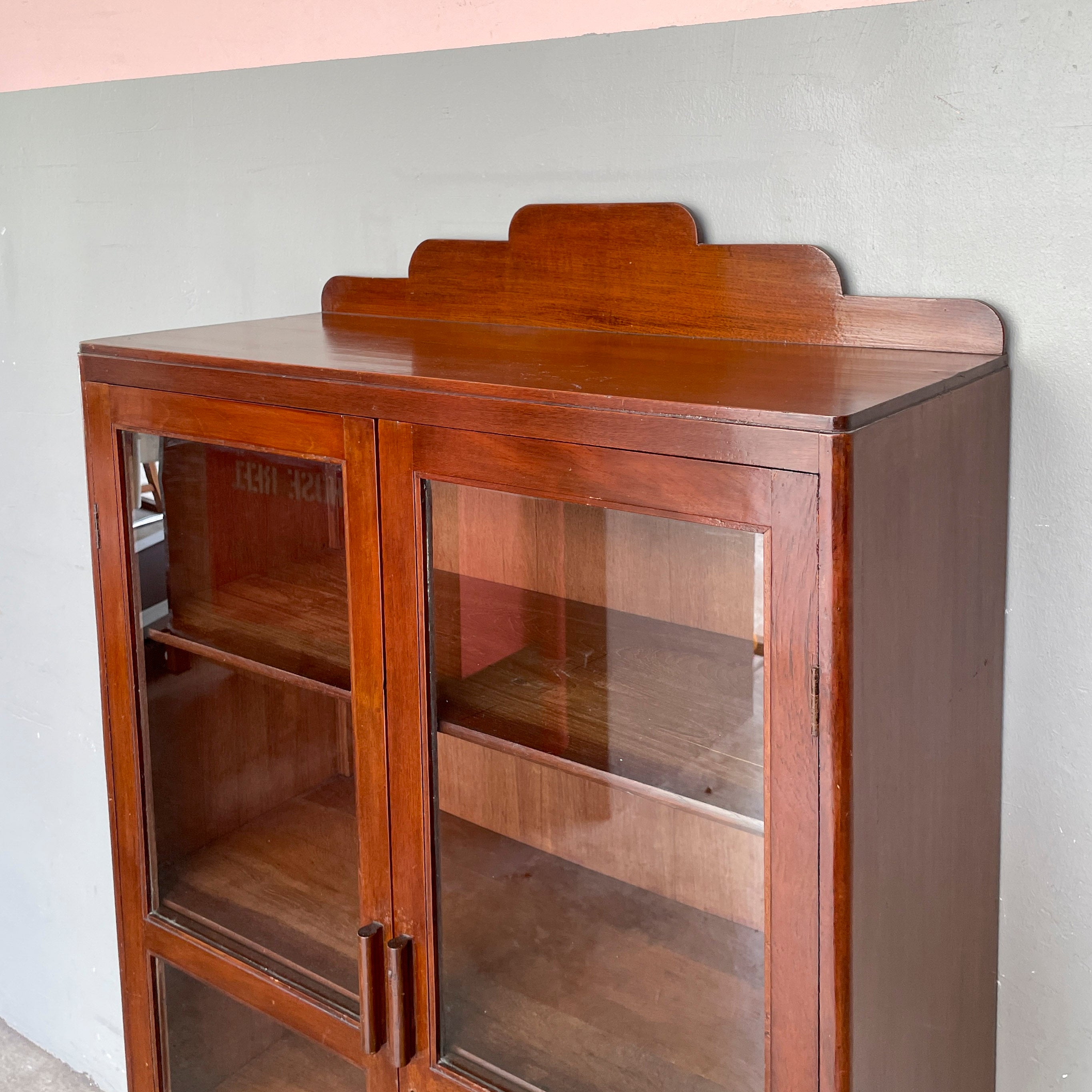 Vintage Teak Display Cabinet with Stepped Crown