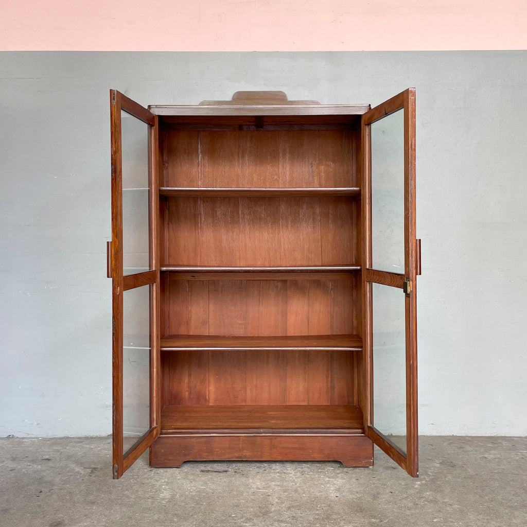 Vintage Teak Display Cabinet with Stepped Crown