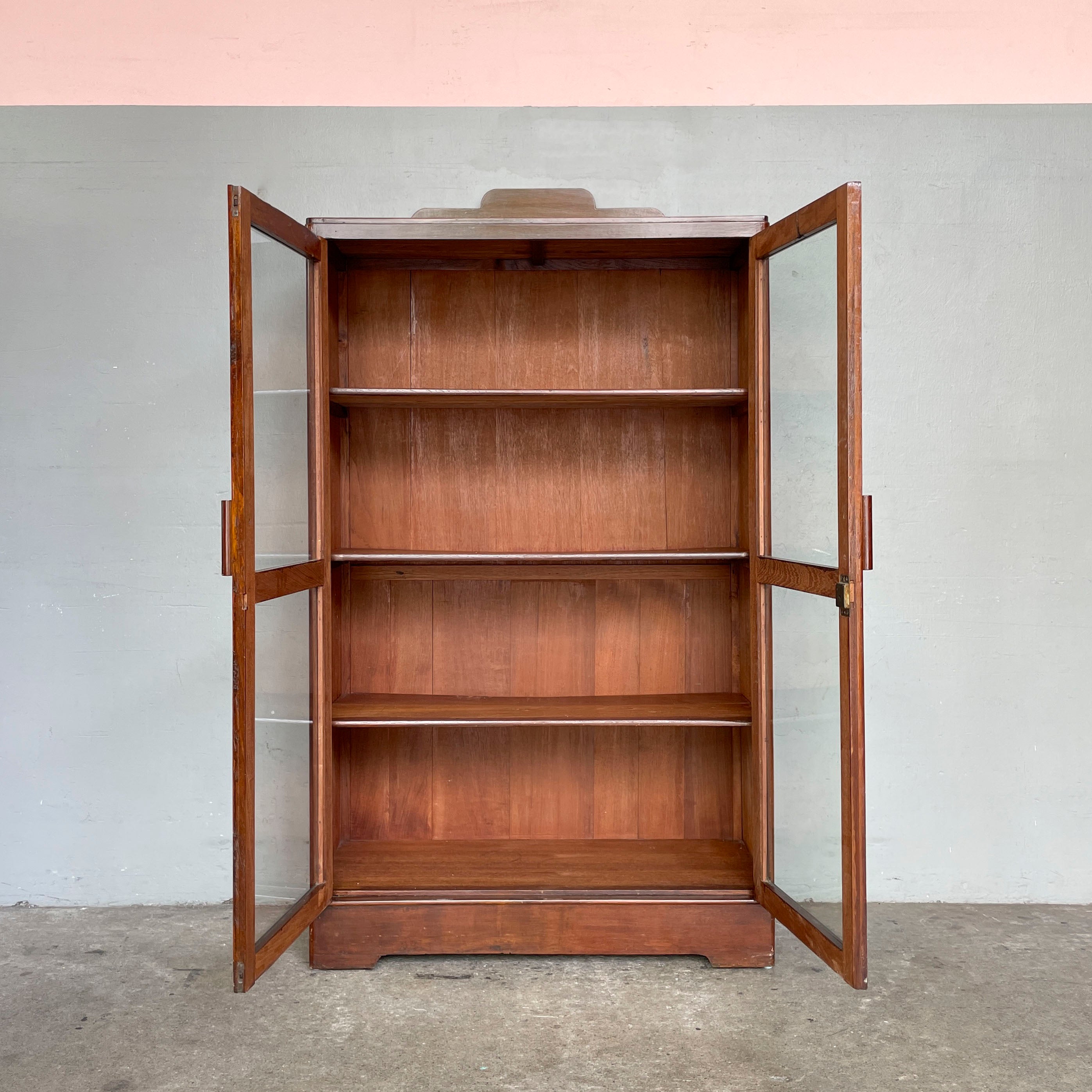 Vintage Teak Display Cabinet with Stepped Crown