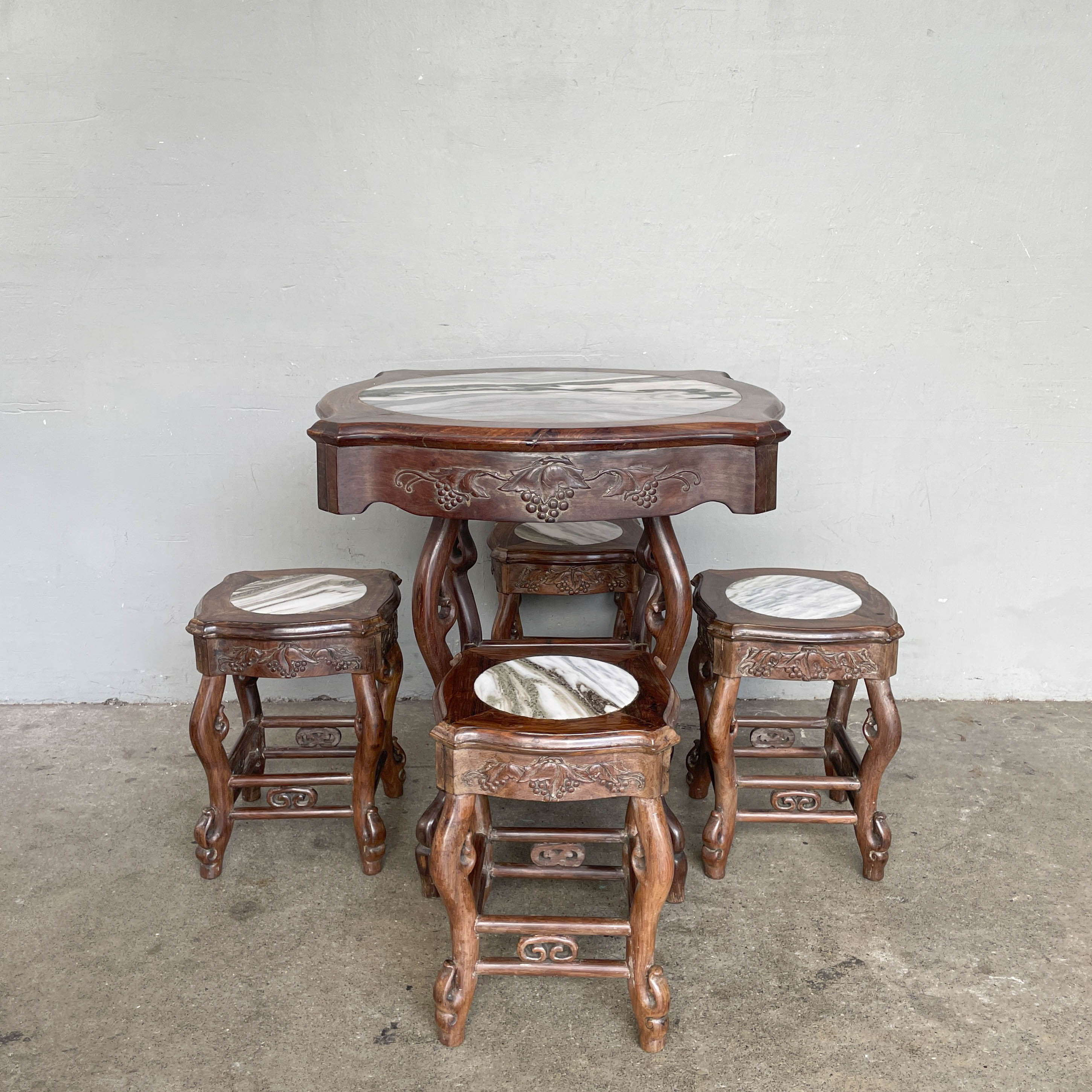 Chinese Blackwood Table with 4 Marble-Top Stools