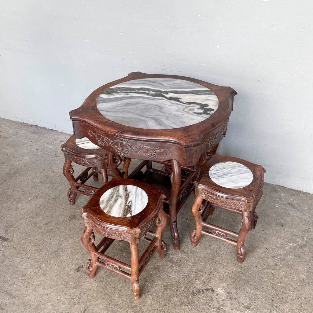 Chinese Blackwood Table with 4 Marble-Top Stools