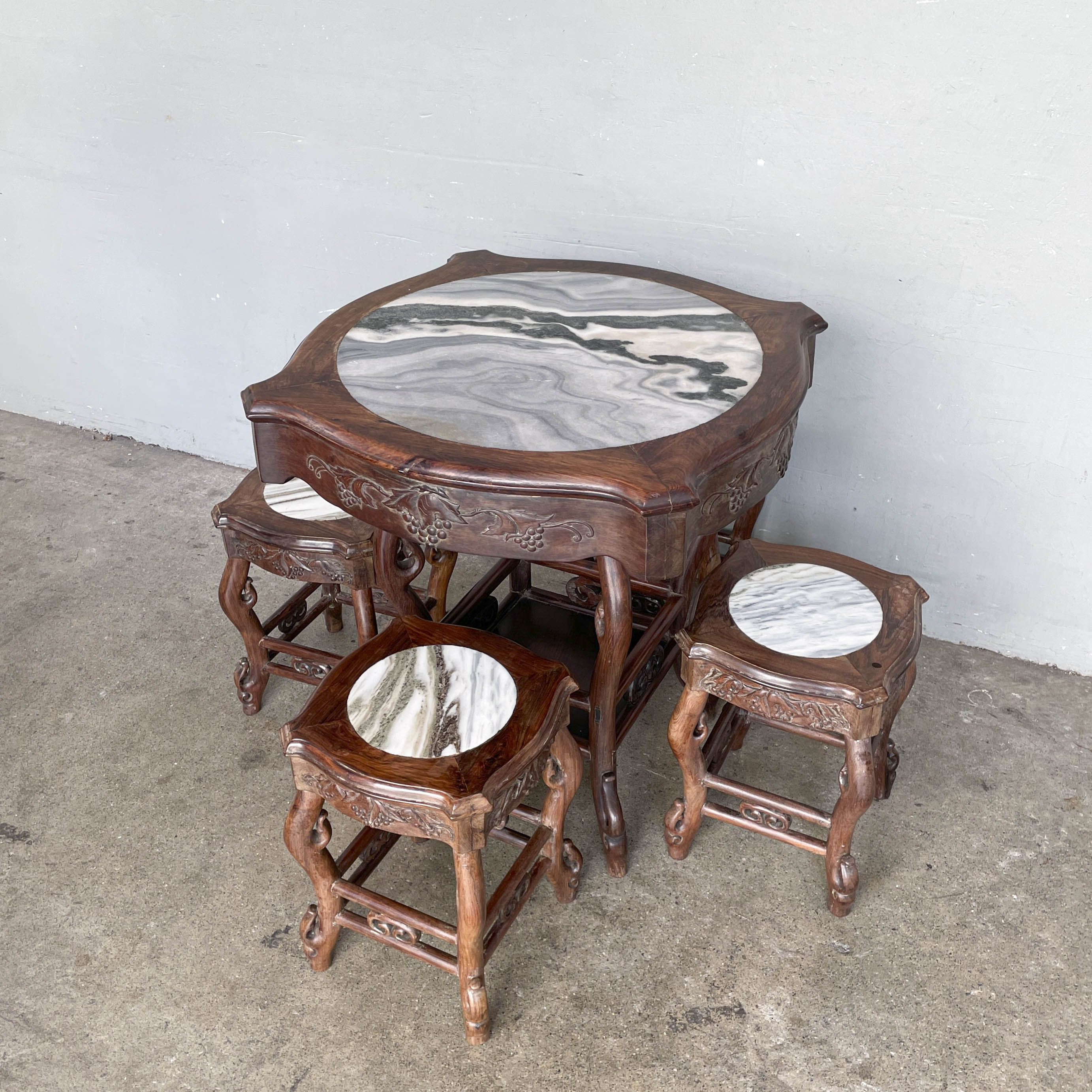 Chinese Blackwood Table with 4 Marble-Top Stools