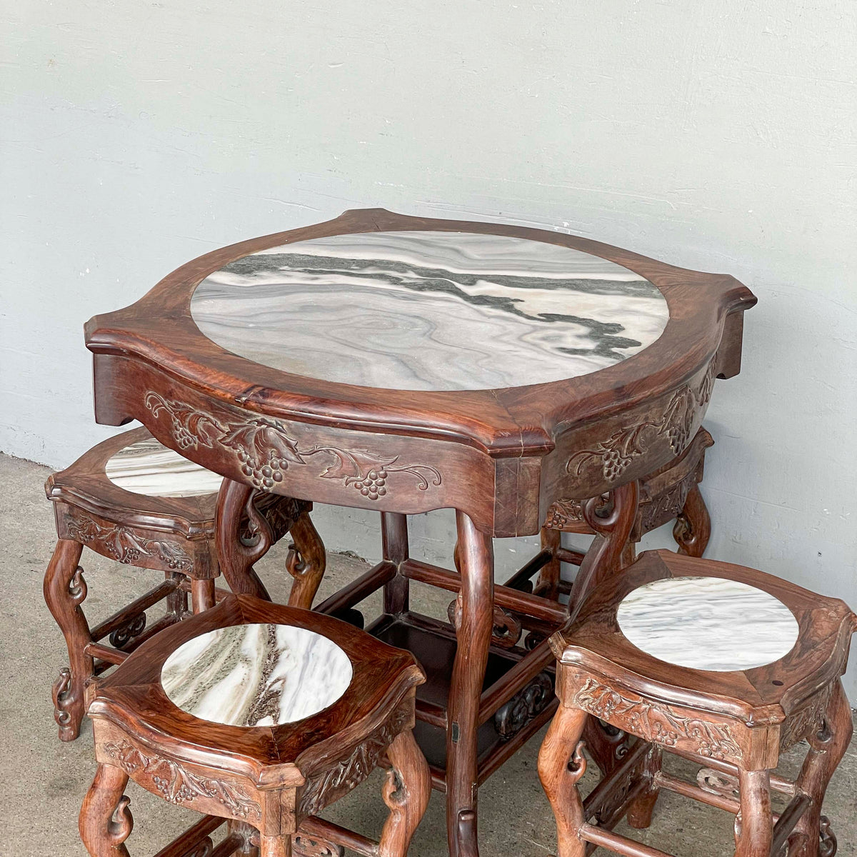 Chinese Blackwood Table with 4 Marble-Top Stools
