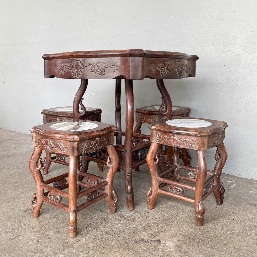 Chinese Blackwood Table with 4 Marble-Top Stools
