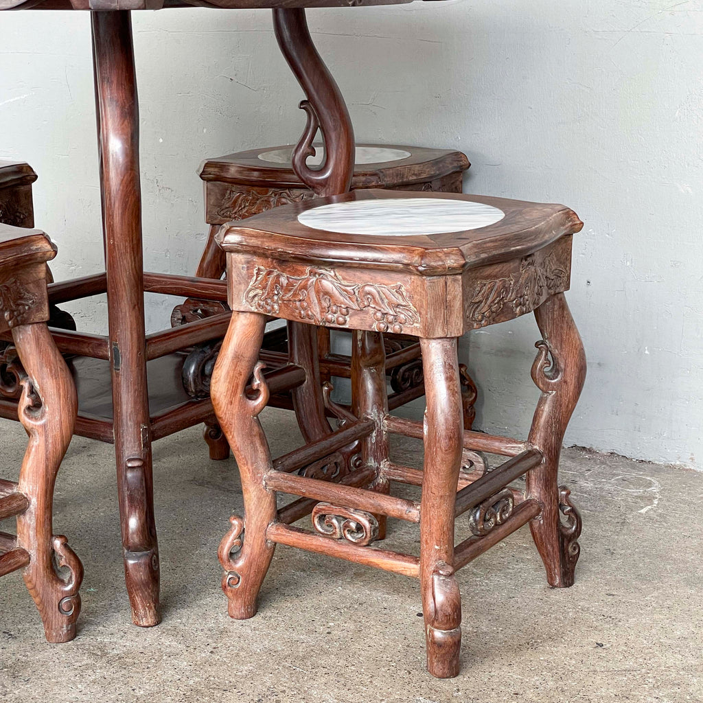 Chinese Blackwood Table with 4 Marble-Top Stools