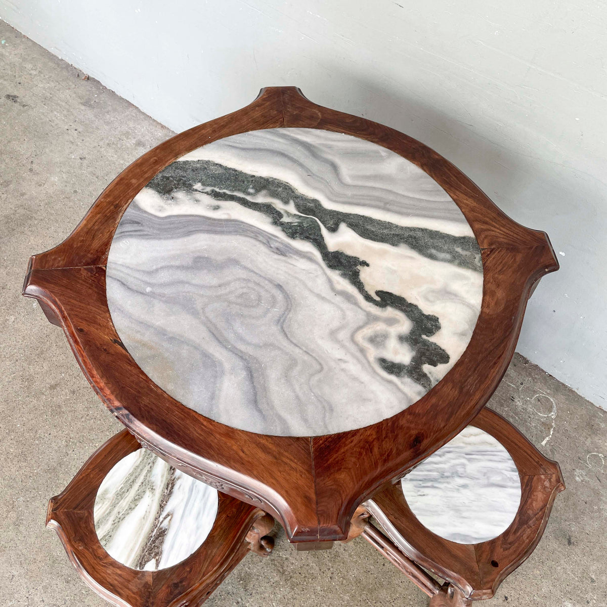 Chinese Blackwood Table with 4 Marble-Top Stools