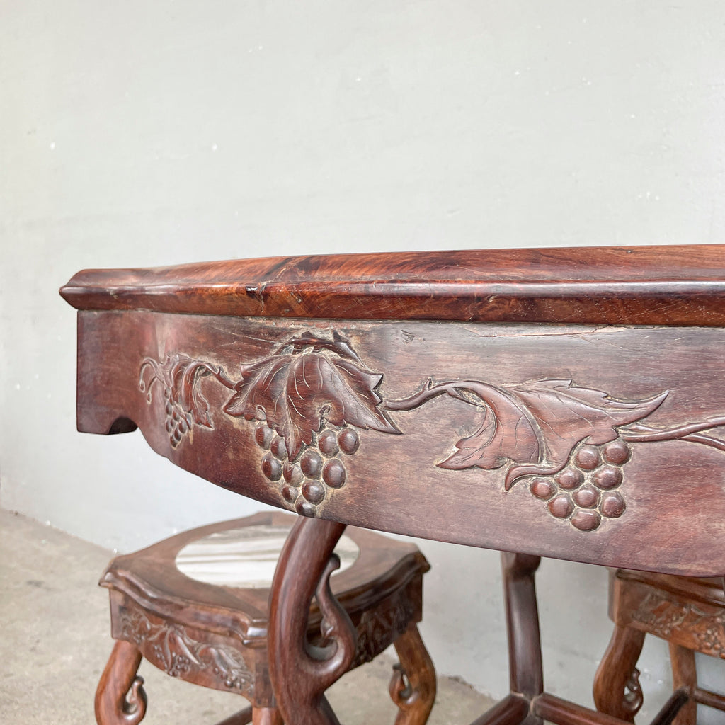 Chinese Blackwood Table with 4 Marble-Top Stools