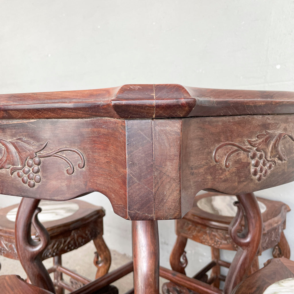 Chinese Blackwood Table with 4 Marble-Top Stools