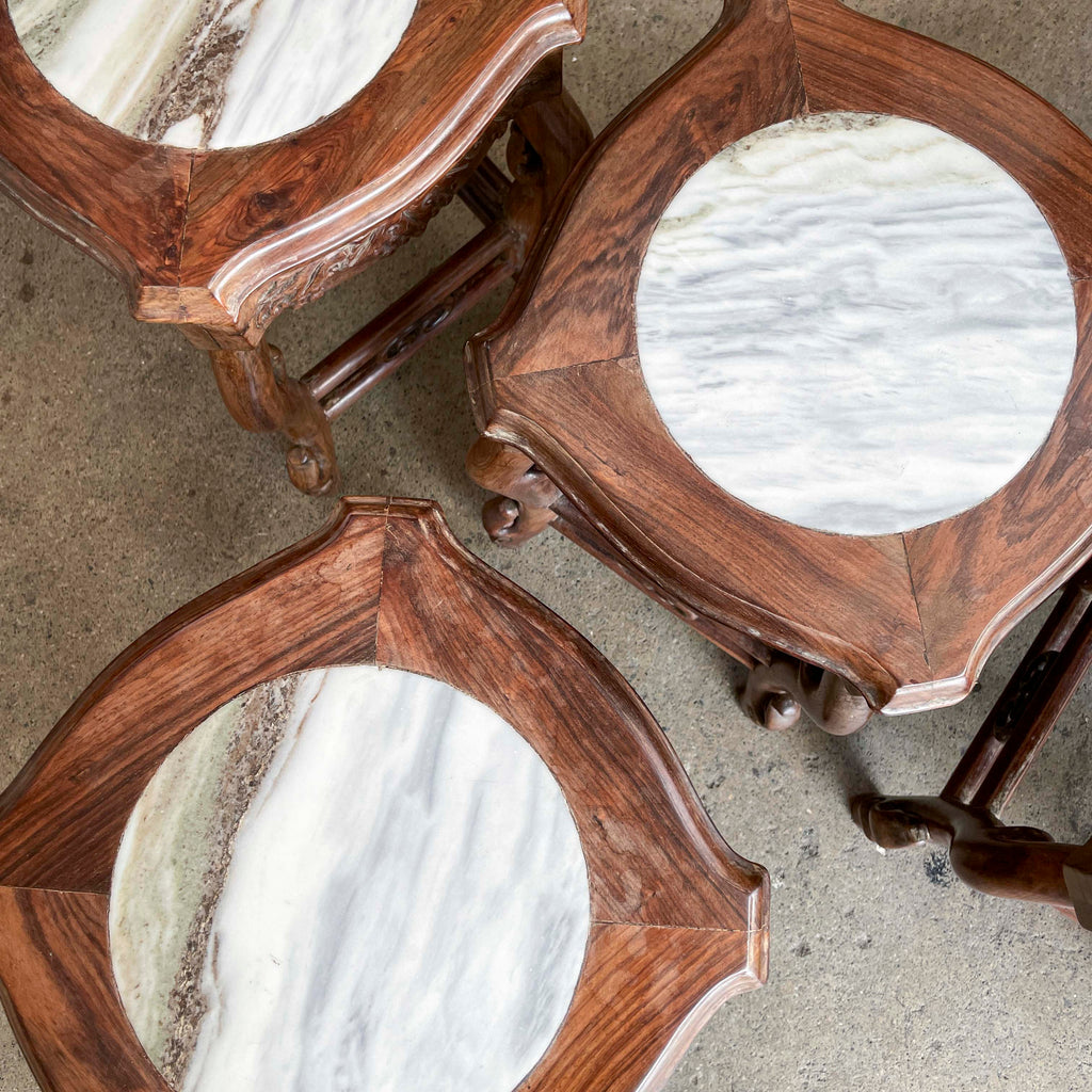 Chinese Blackwood Table with 4 Marble-Top Stools