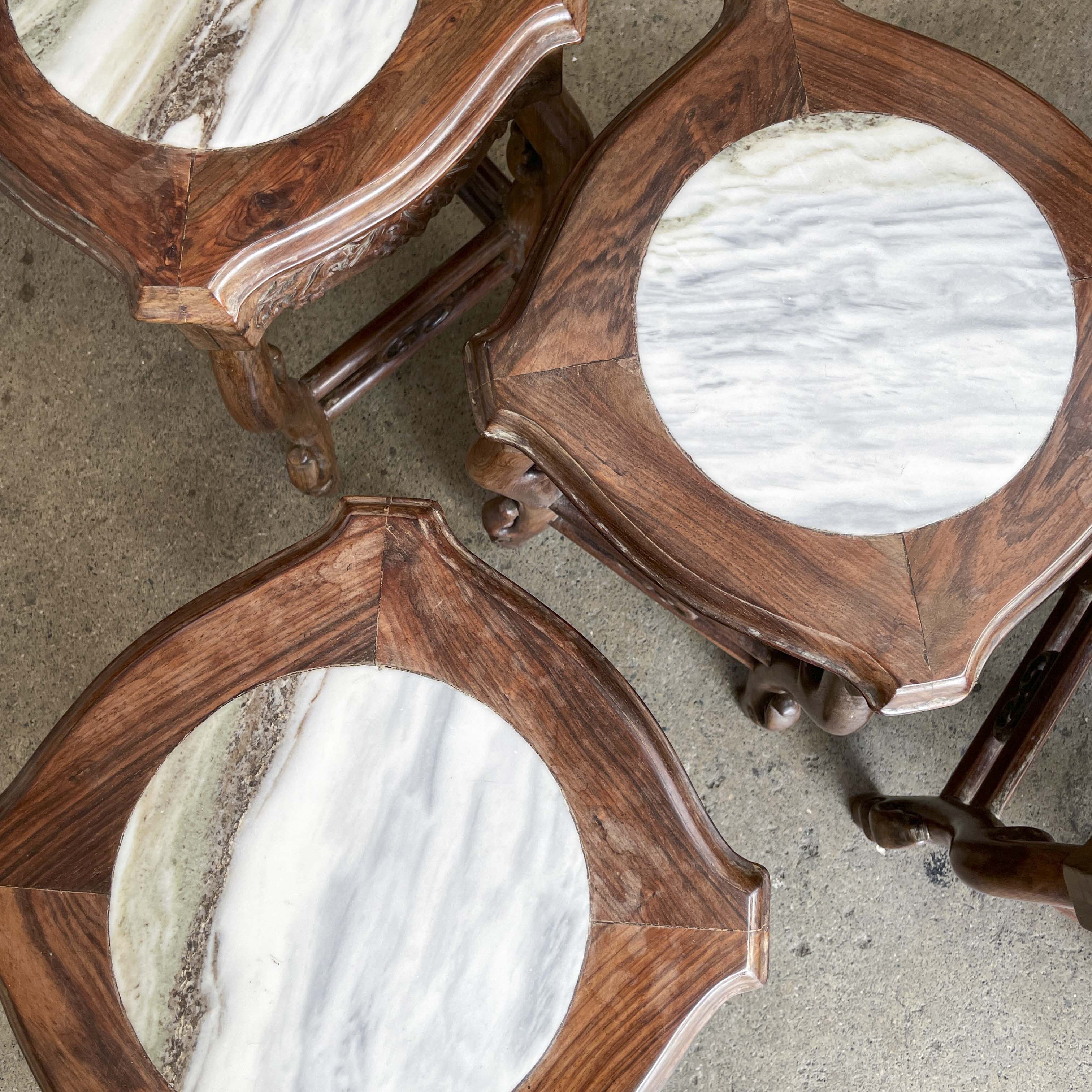 Chinese Blackwood Table with 4 Marble-Top Stools