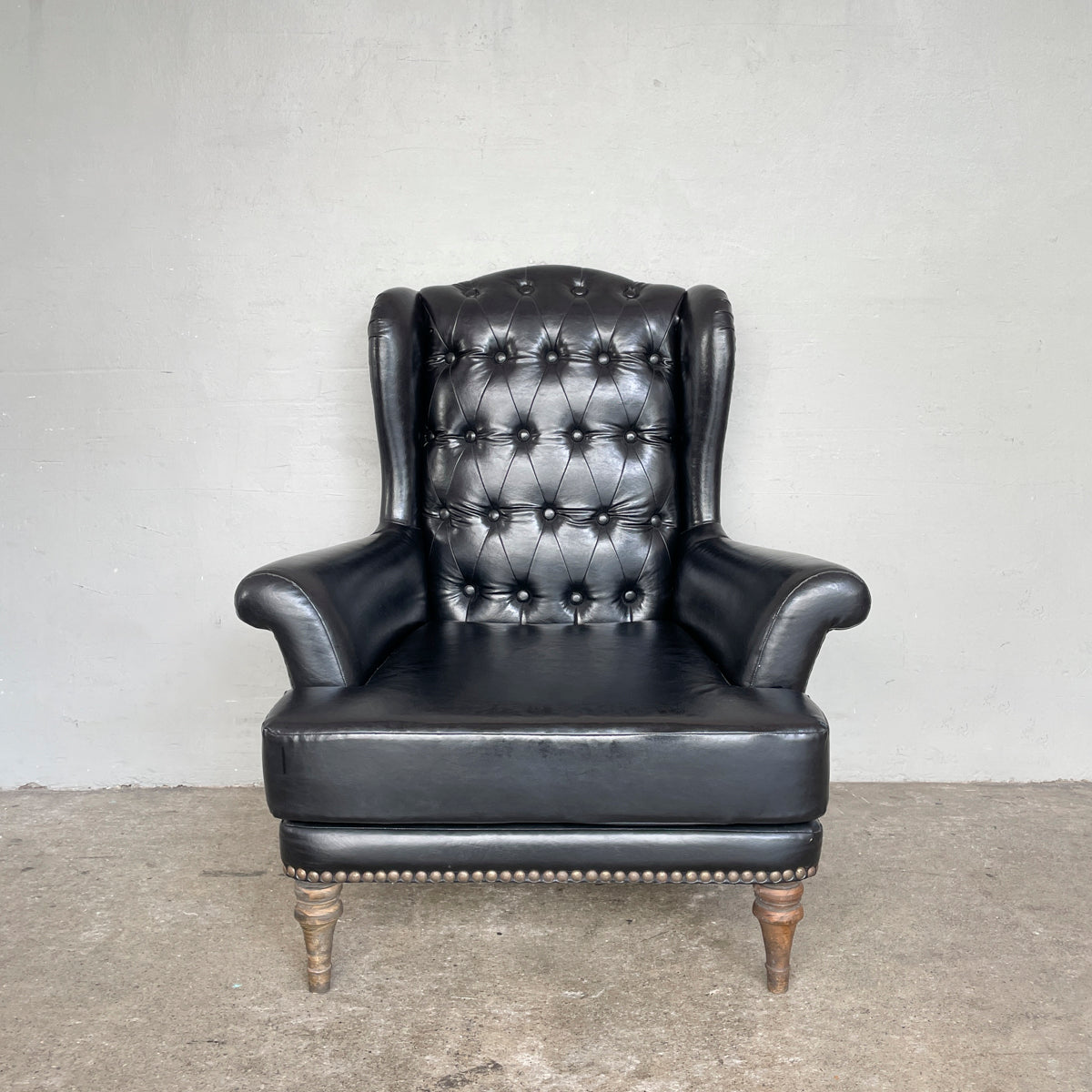 Black PU Tufted Wing Chair