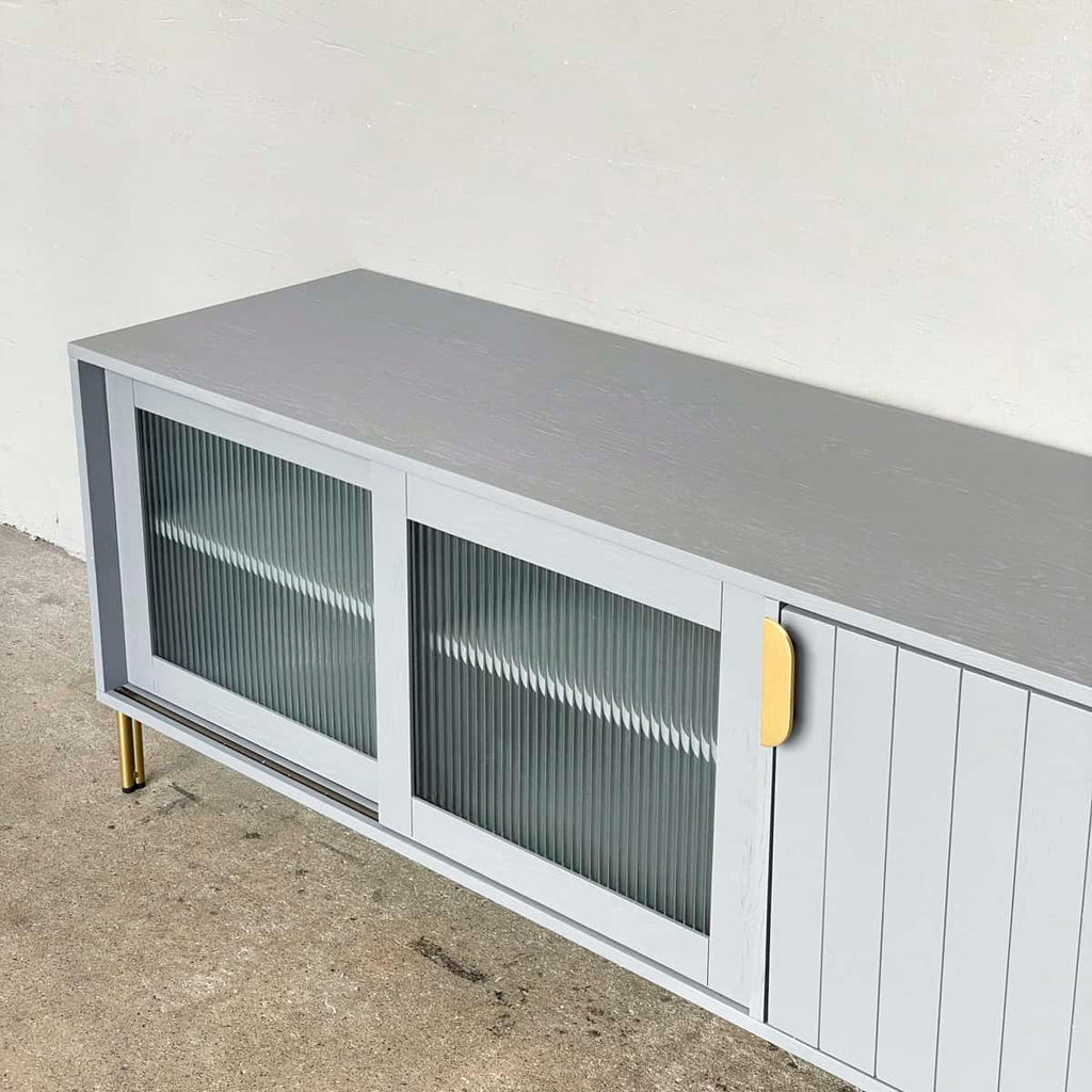Grey Ribbed Glass TV Console