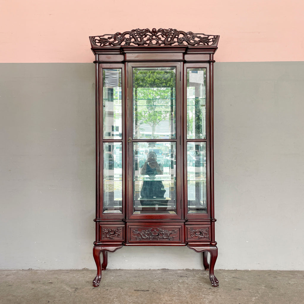 Rosewood Glass Display Cabinet with Dragon Carvings