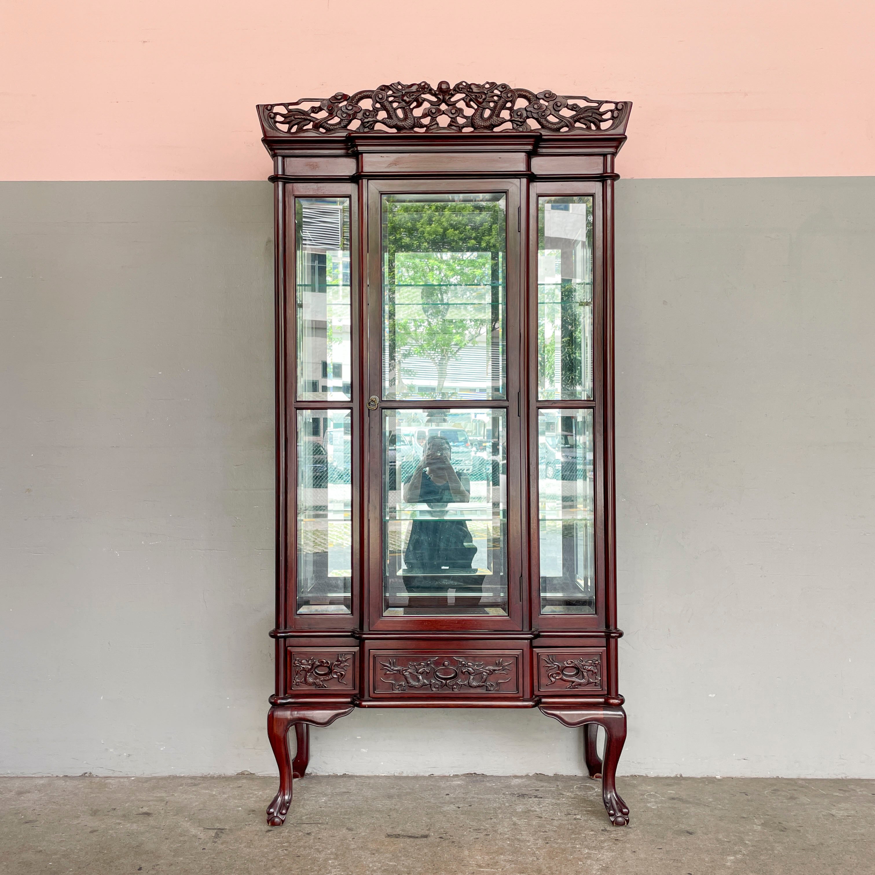 Rosewood Glass Display Cabinet with Dragon Carvings