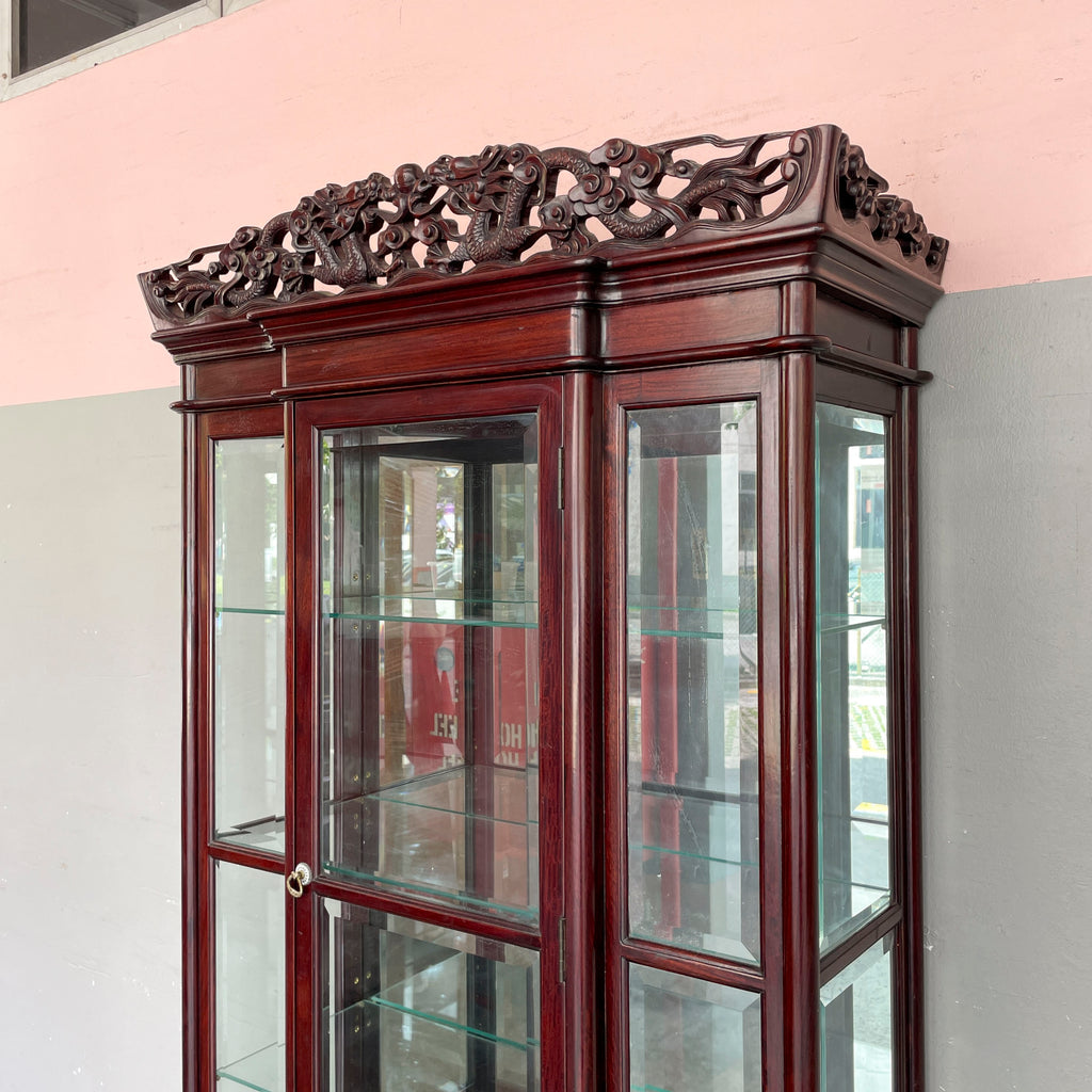 Rosewood Glass Display Cabinet with Dragon Carvings