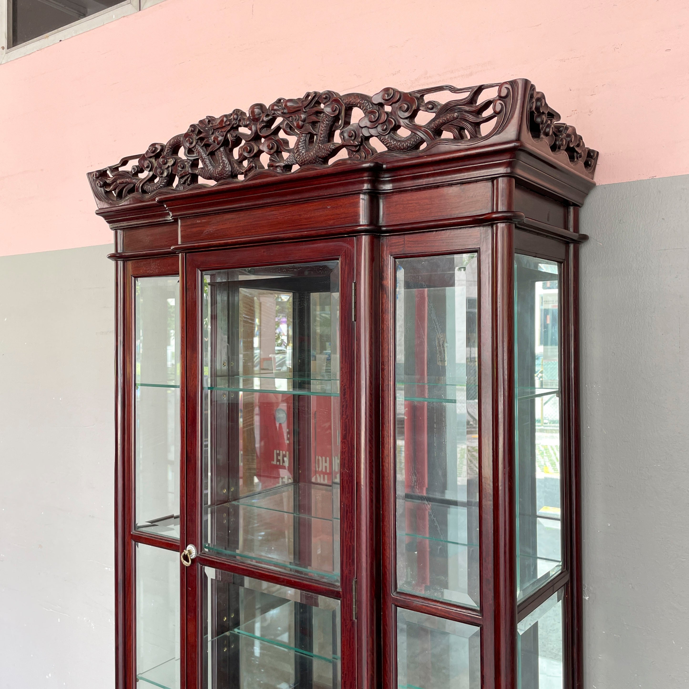 Rosewood Glass Display Cabinet with Dragon Carvings