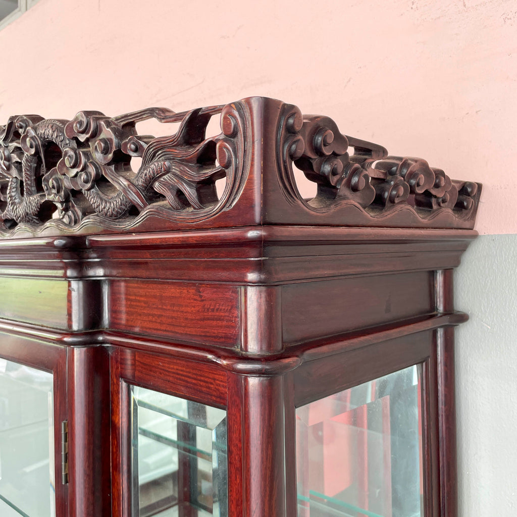 Rosewood Glass Display Cabinet with Dragon Carvings