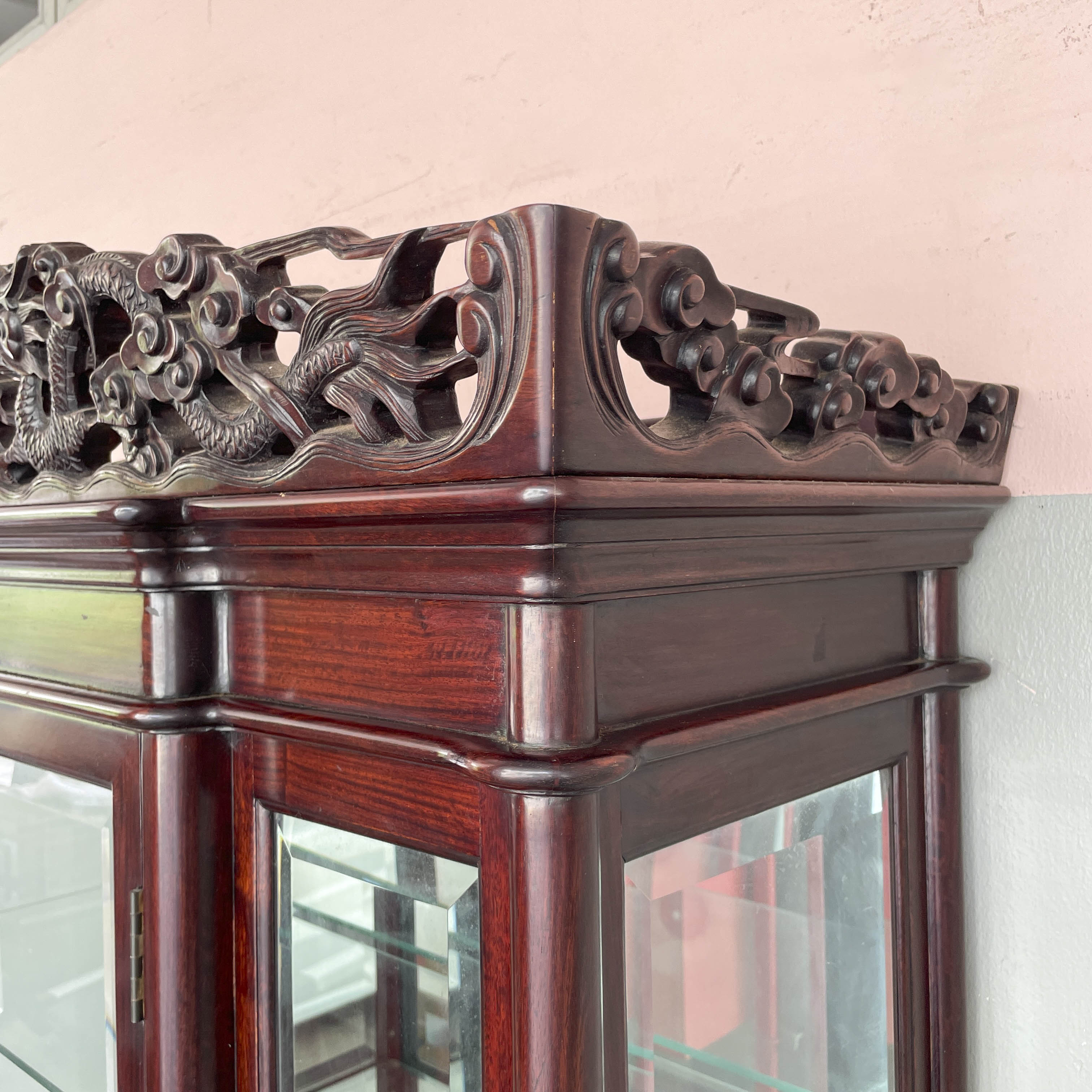 Rosewood Glass Display Cabinet with Dragon Carvings