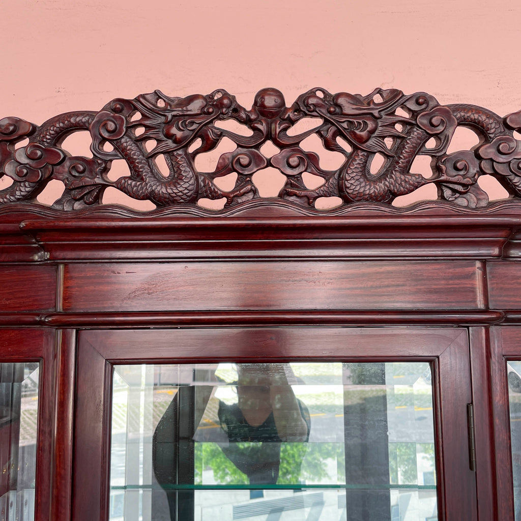 Rosewood Glass Display Cabinet with Dragon Carvings