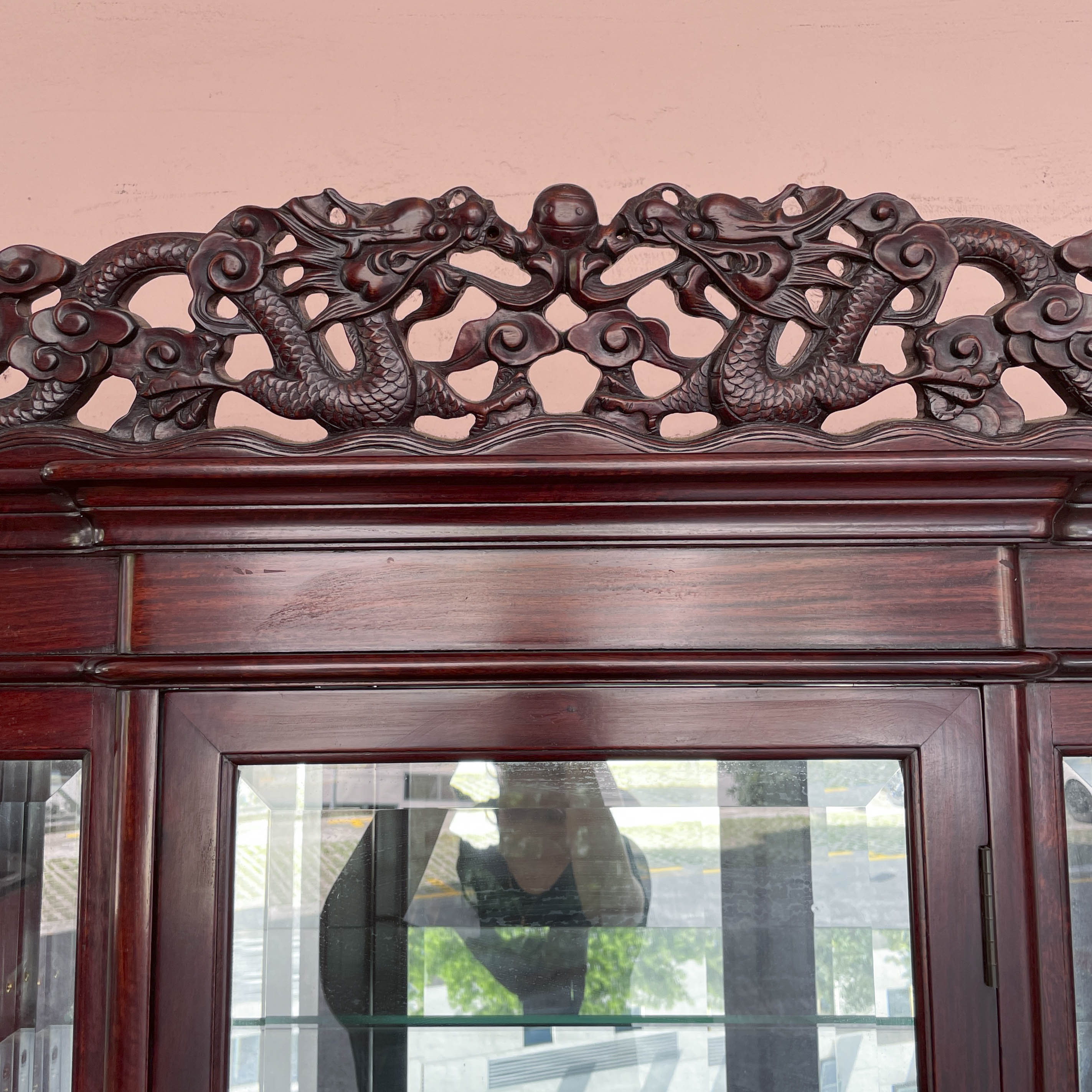Rosewood Glass Display Cabinet with Dragon Carvings