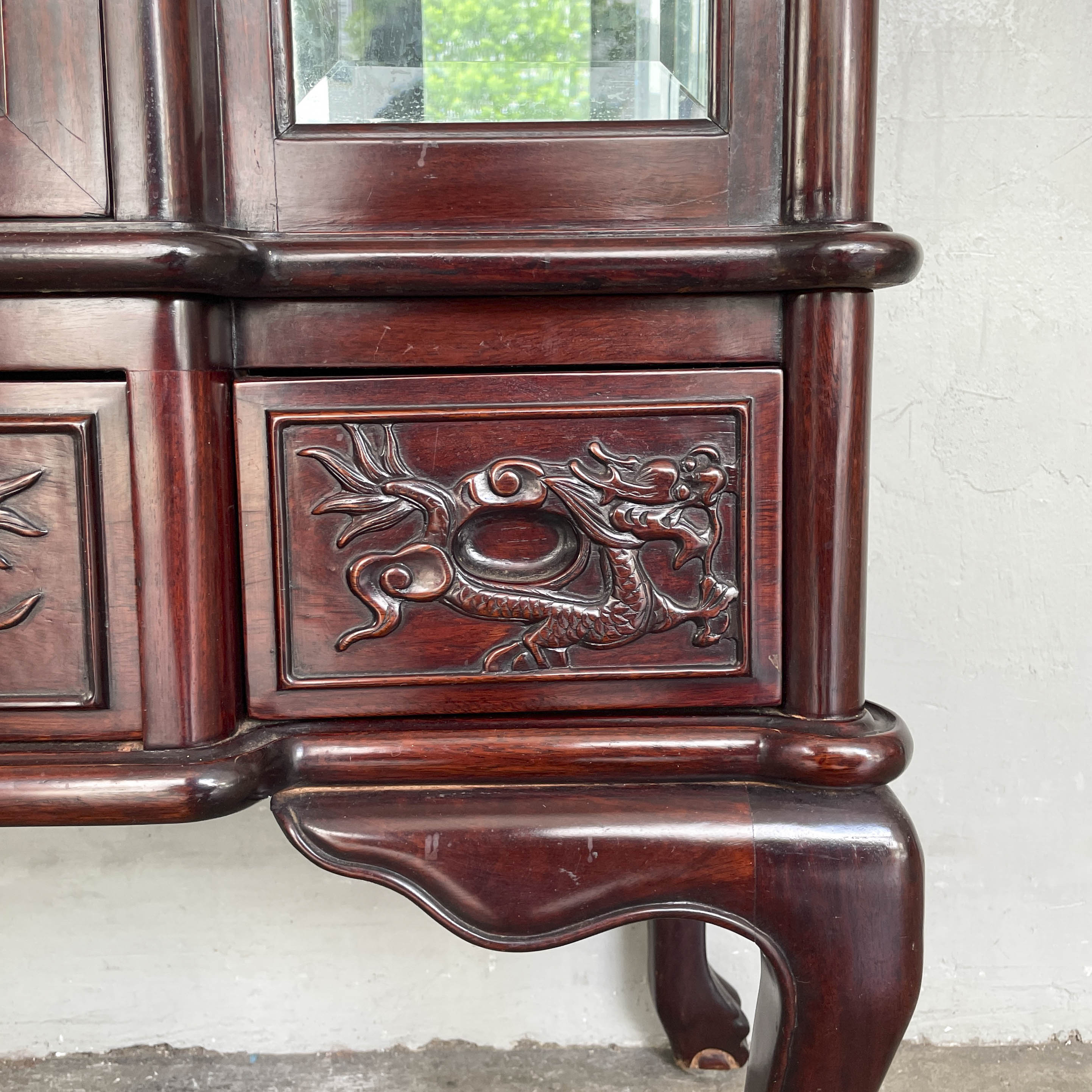 Rosewood Glass Display Cabinet with Dragon Carvings