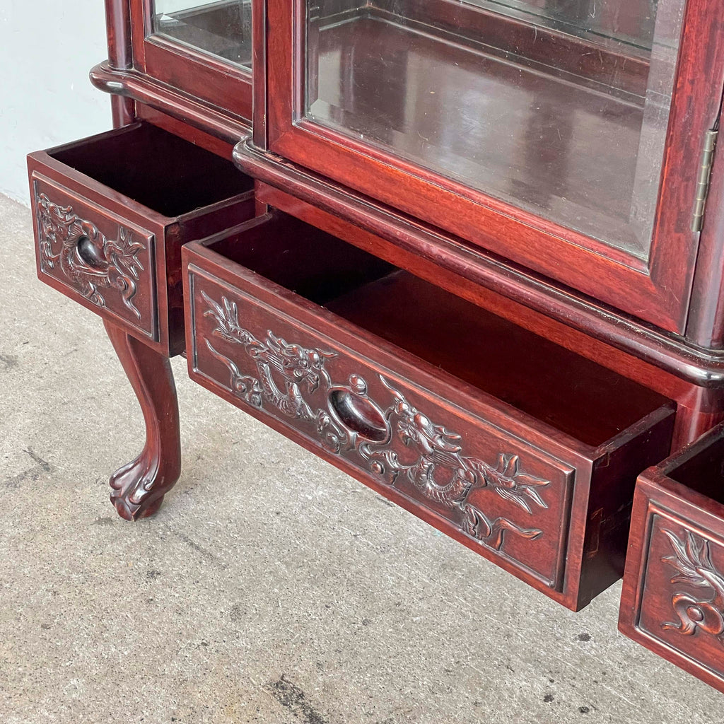 Rosewood Glass Display Cabinet with Dragon Carvings