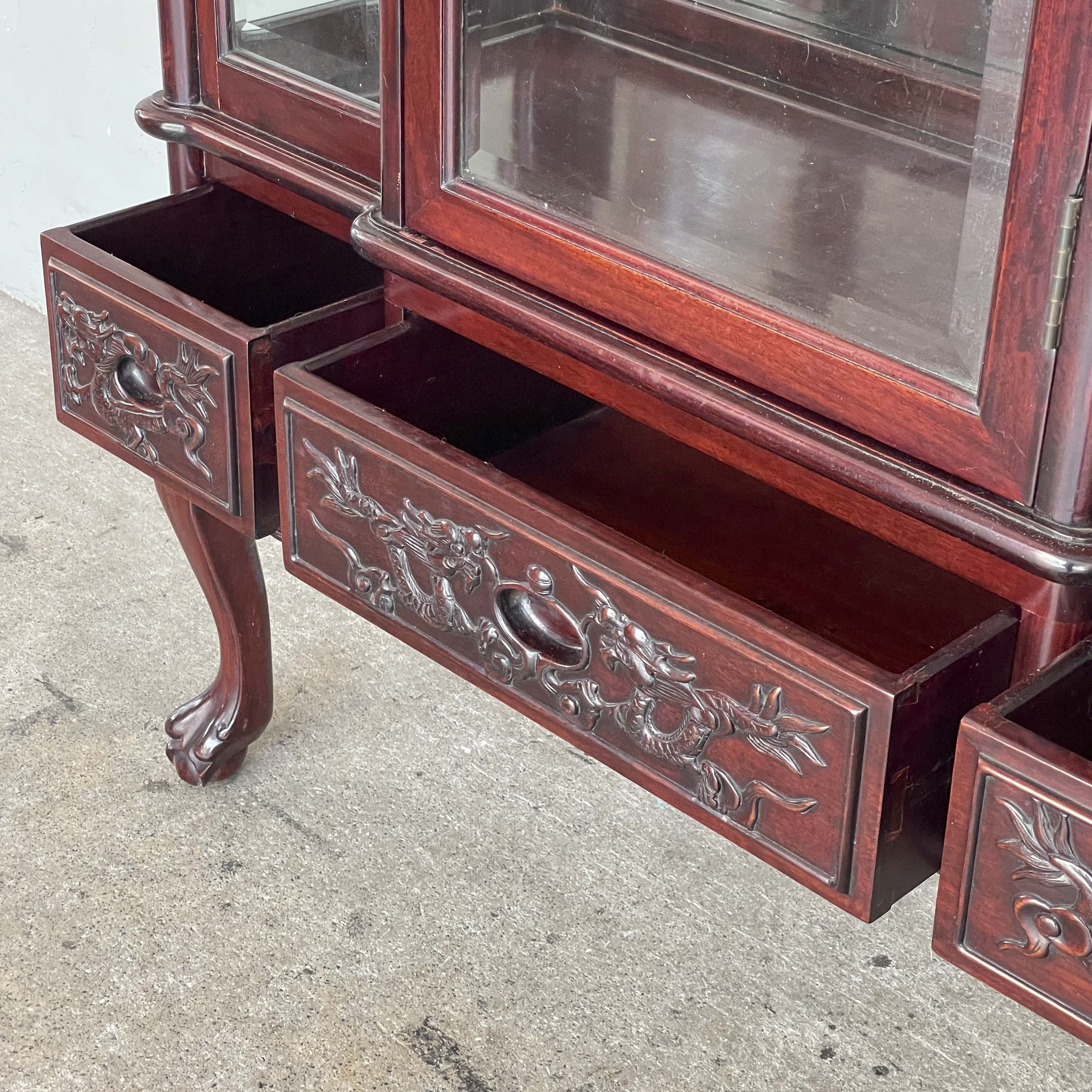 Rosewood Glass Display Cabinet with Dragon Carvings