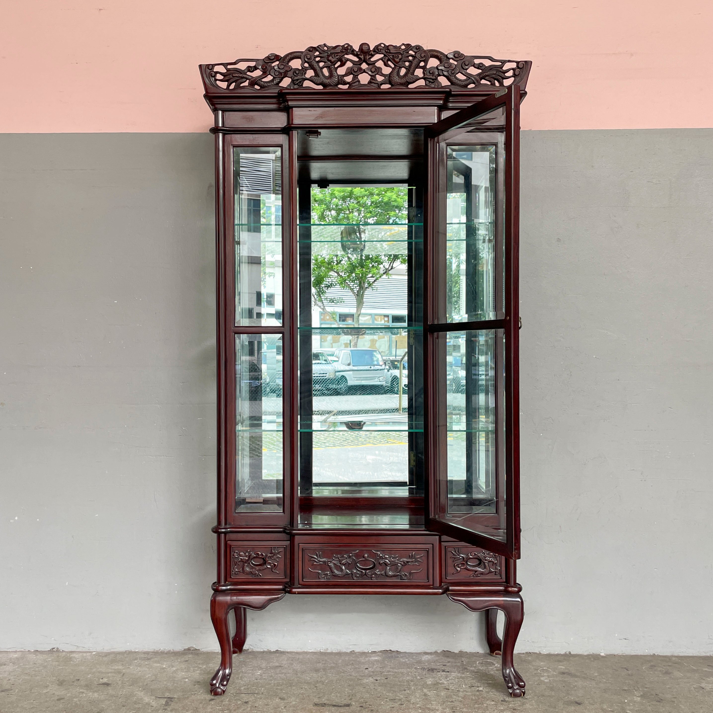 Rosewood Glass Display Cabinet with Dragon Carvings