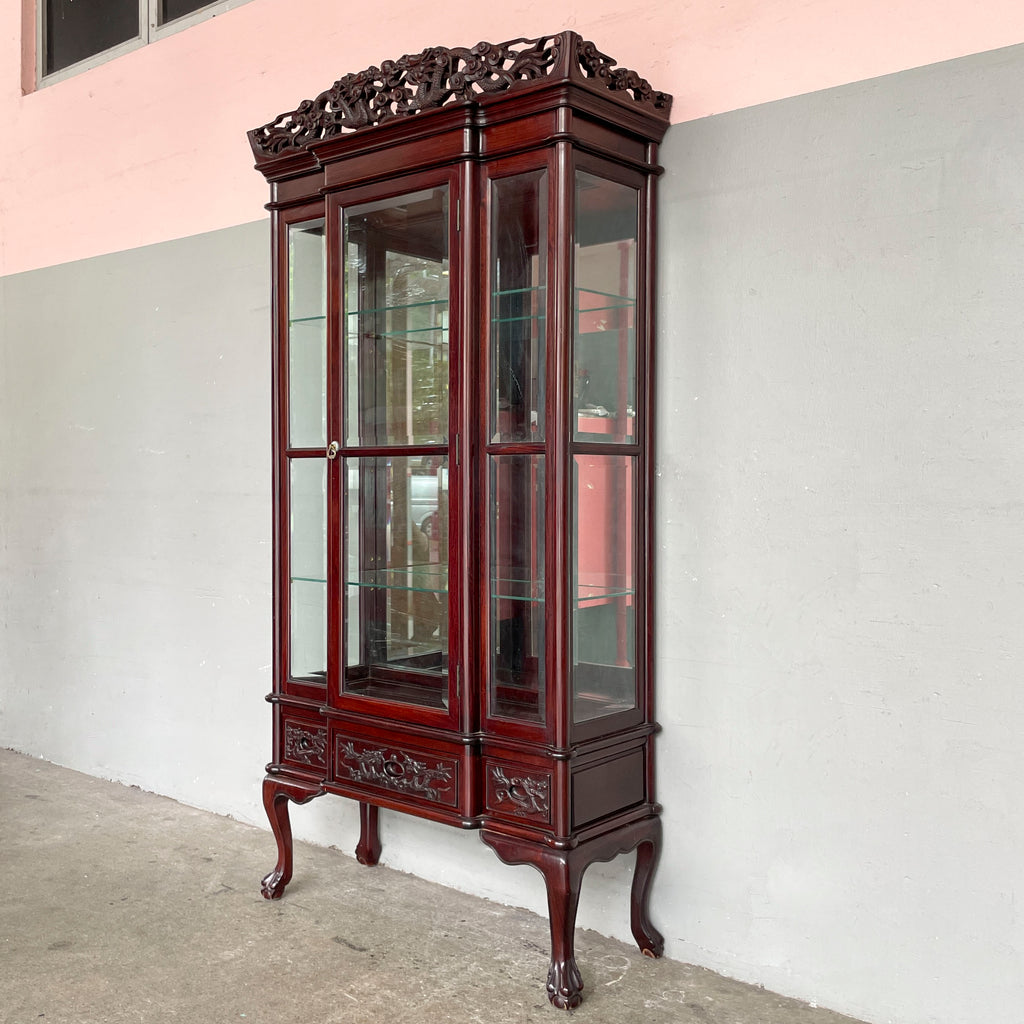 Rosewood Glass Display Cabinet with Dragon Carvings