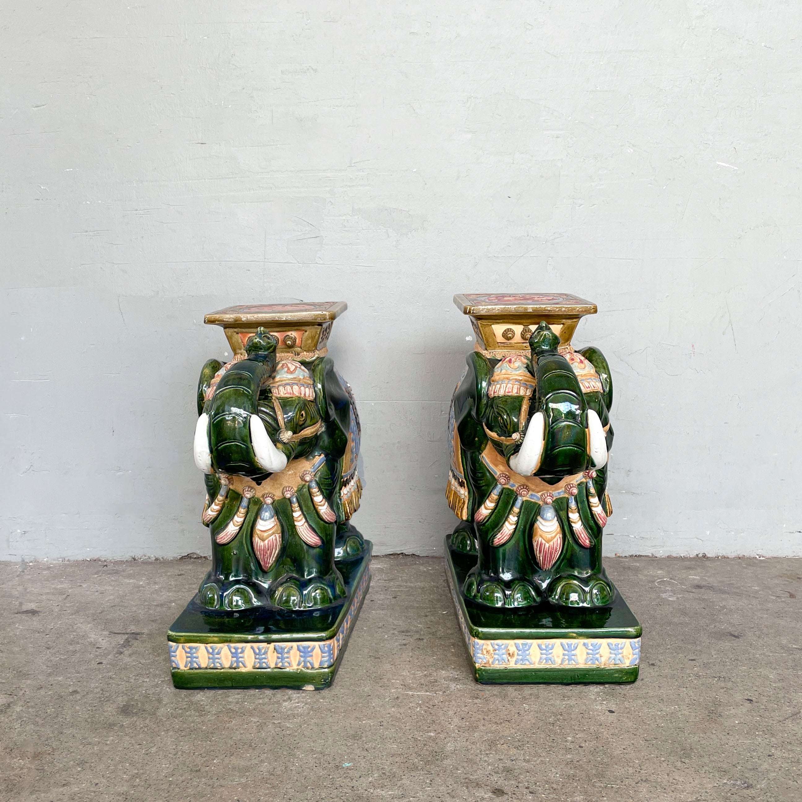 Pair of Glazed Ceramic Elephant Stands