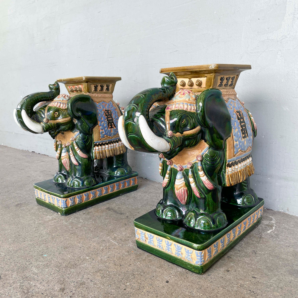 Pair of Glazed Ceramic Elephant Stands