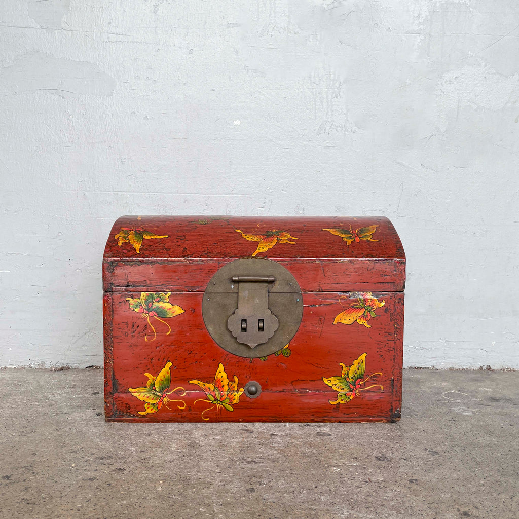 Red Lacquered Elm Butterfly Chest Box