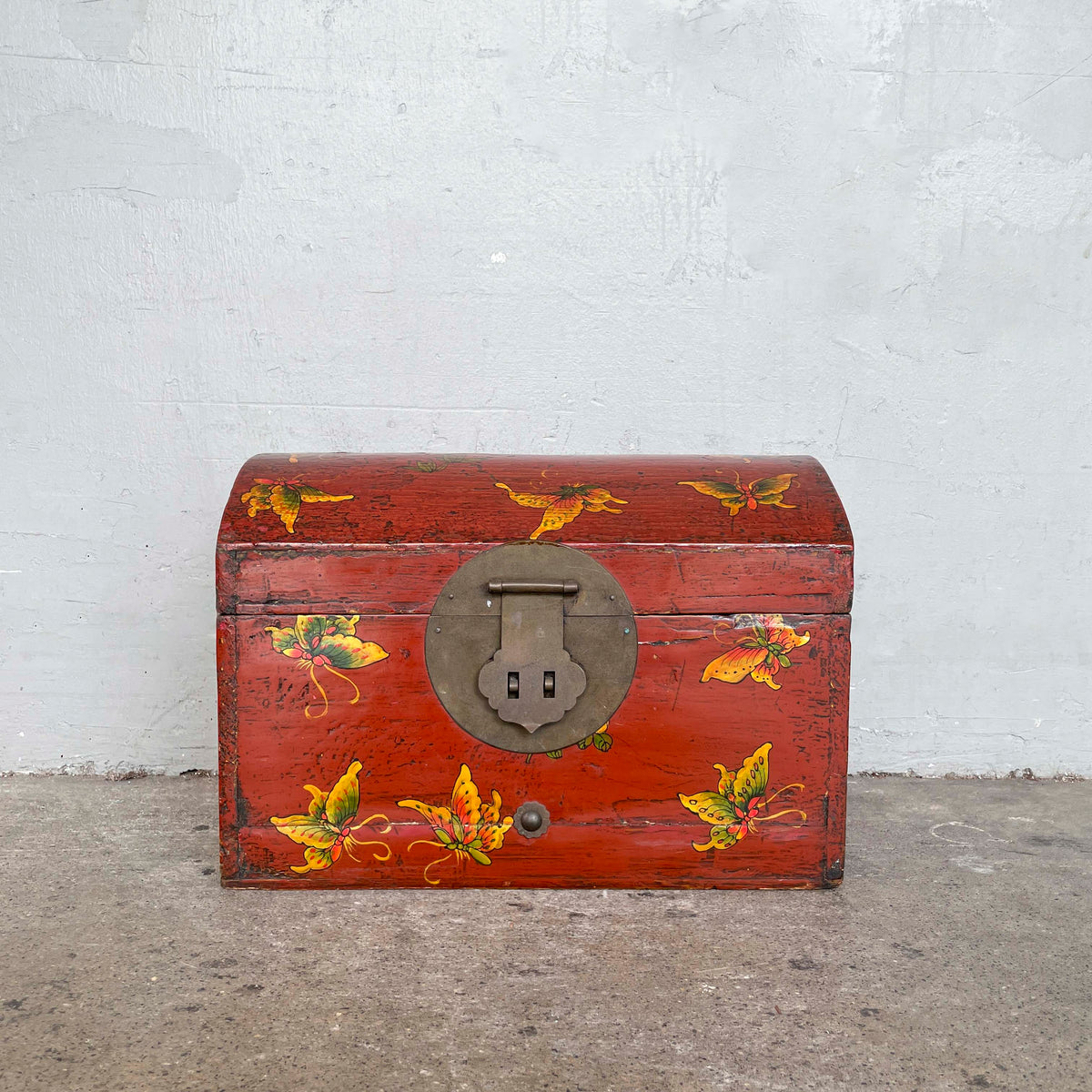 Red Lacquered Elm Butterfly Chest Box