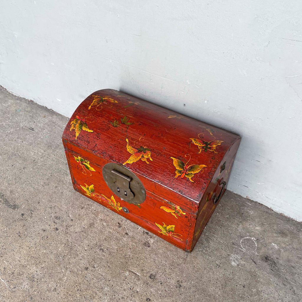Red Lacquered Elm Butterfly Chest Box