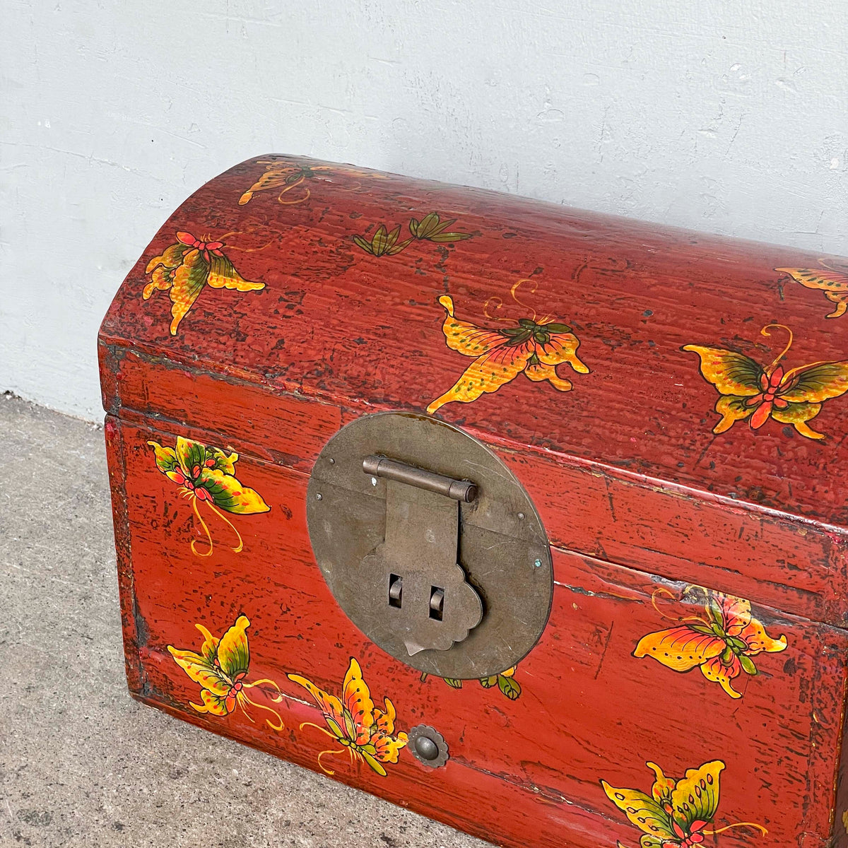 Red Lacquered Elm Butterfly Chest Box
