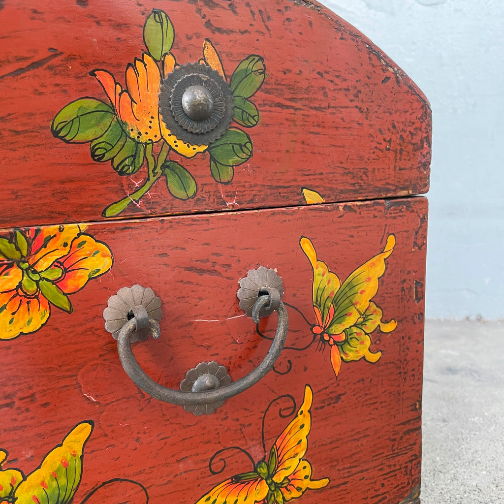 Red Lacquered Elm Butterfly Chest Box