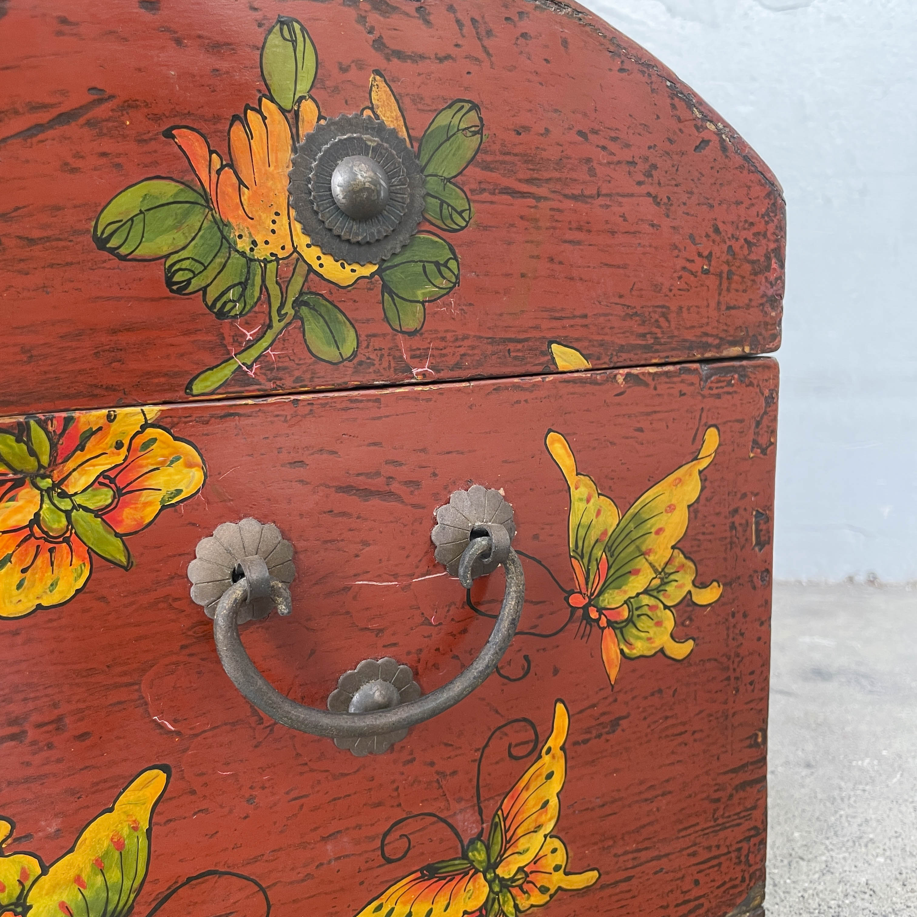 Red Lacquered Elm Butterfly Chest Box