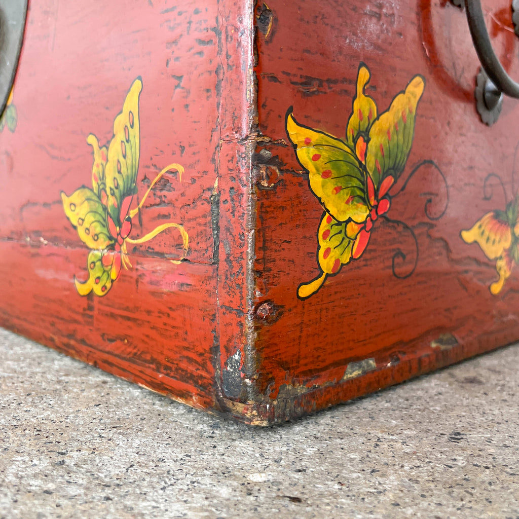 Red Lacquered Elm Butterfly Chest Box