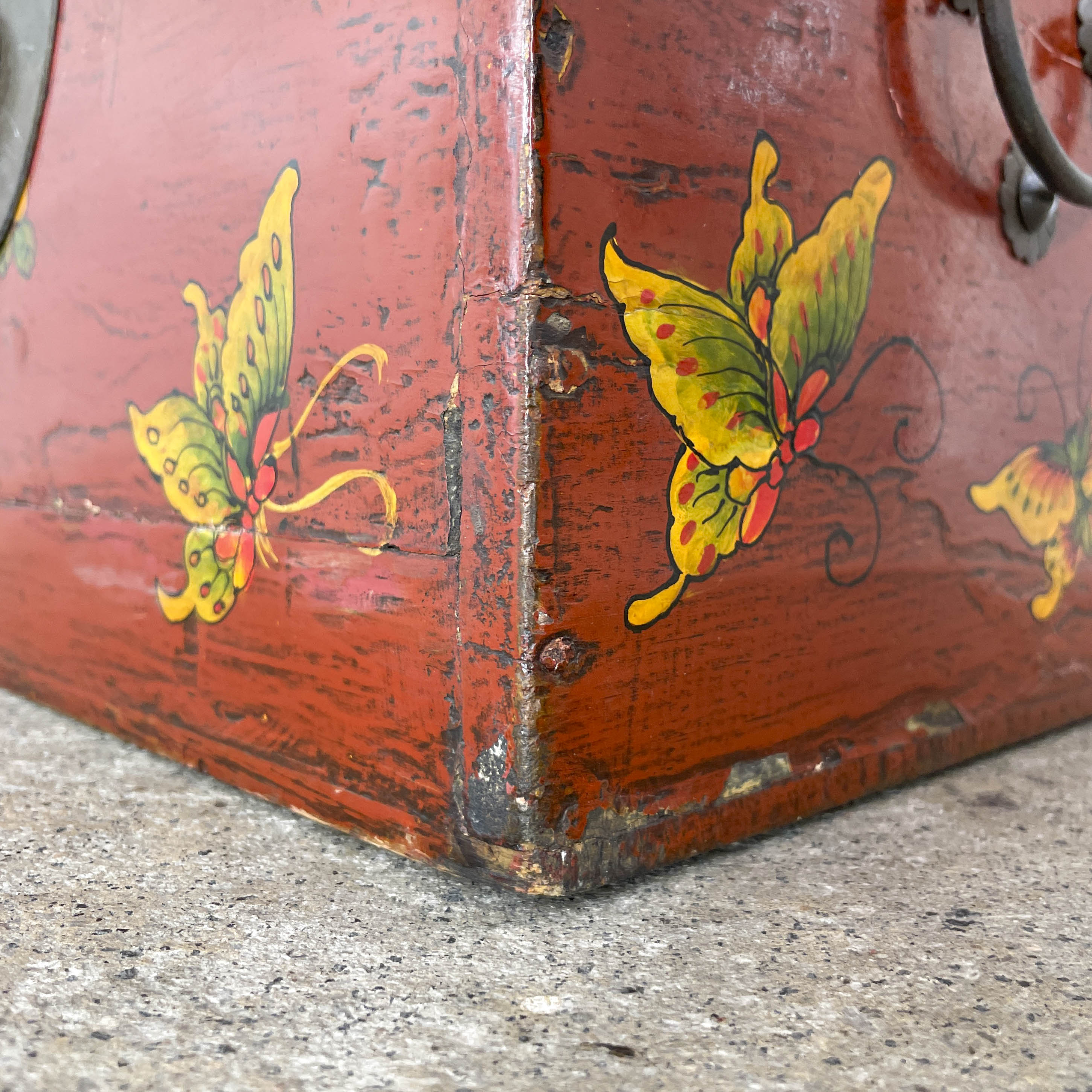 Red Lacquered Elm Butterfly Chest Box