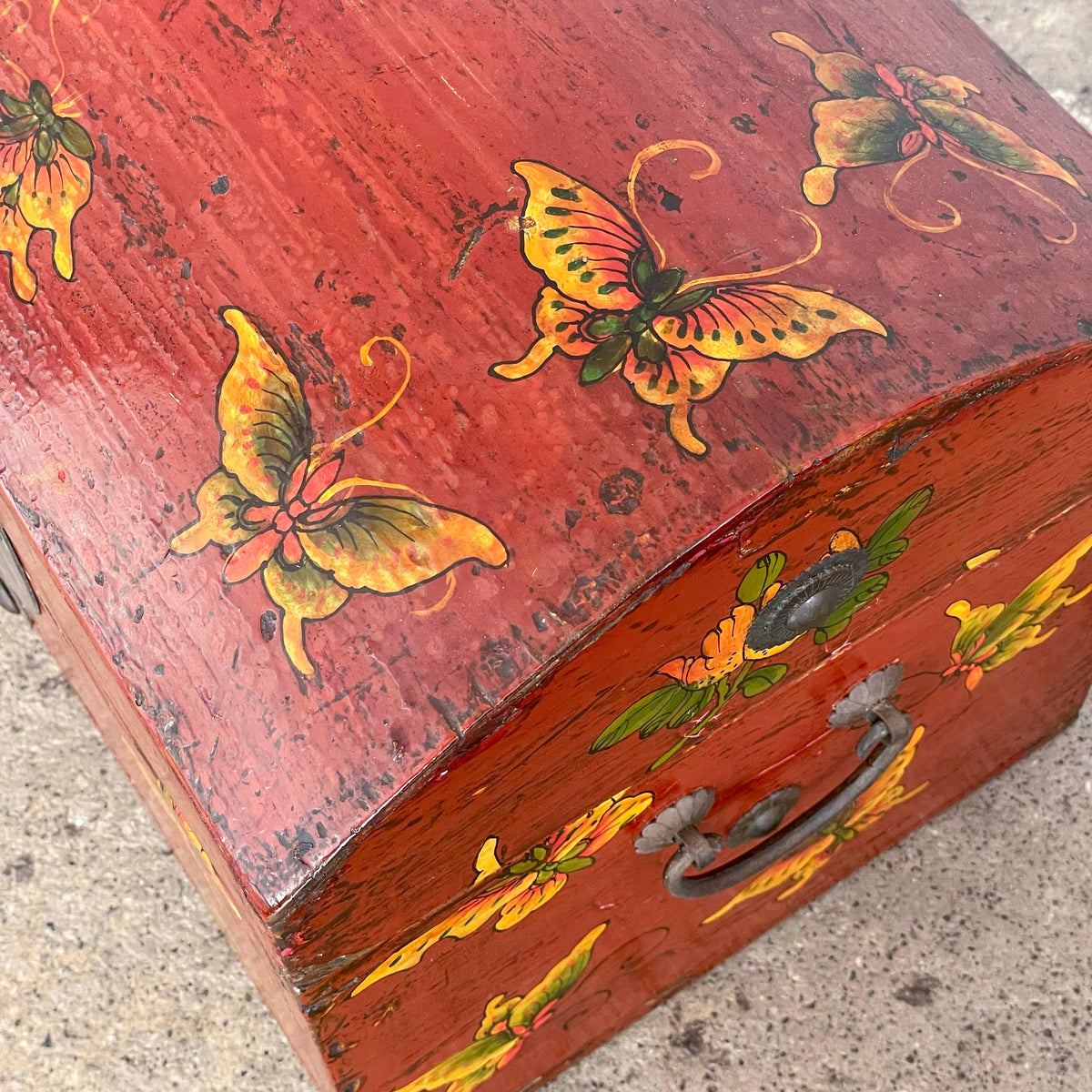 Red Lacquered Elm Butterfly Chest Box
