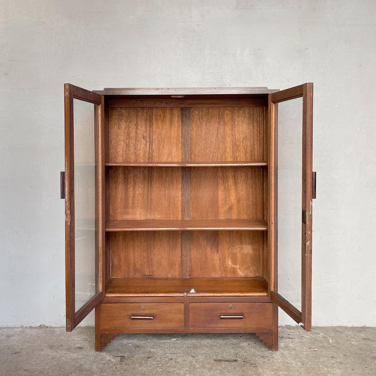 Vintage Glass Display Cabinet with Carved Script