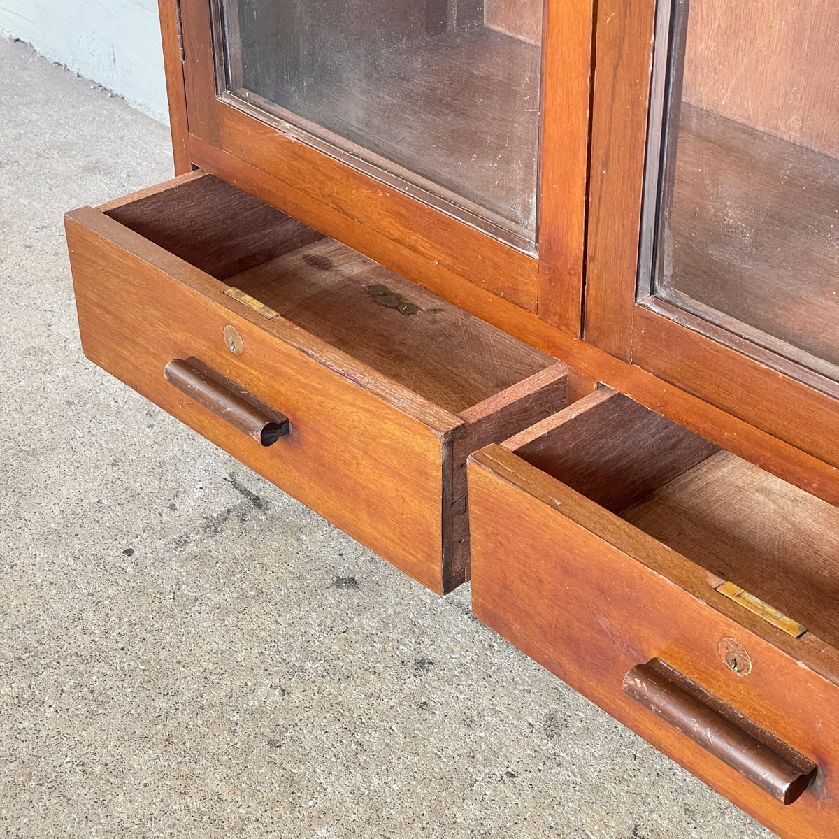 Vintage Glass Display Cabinet with Carved Script