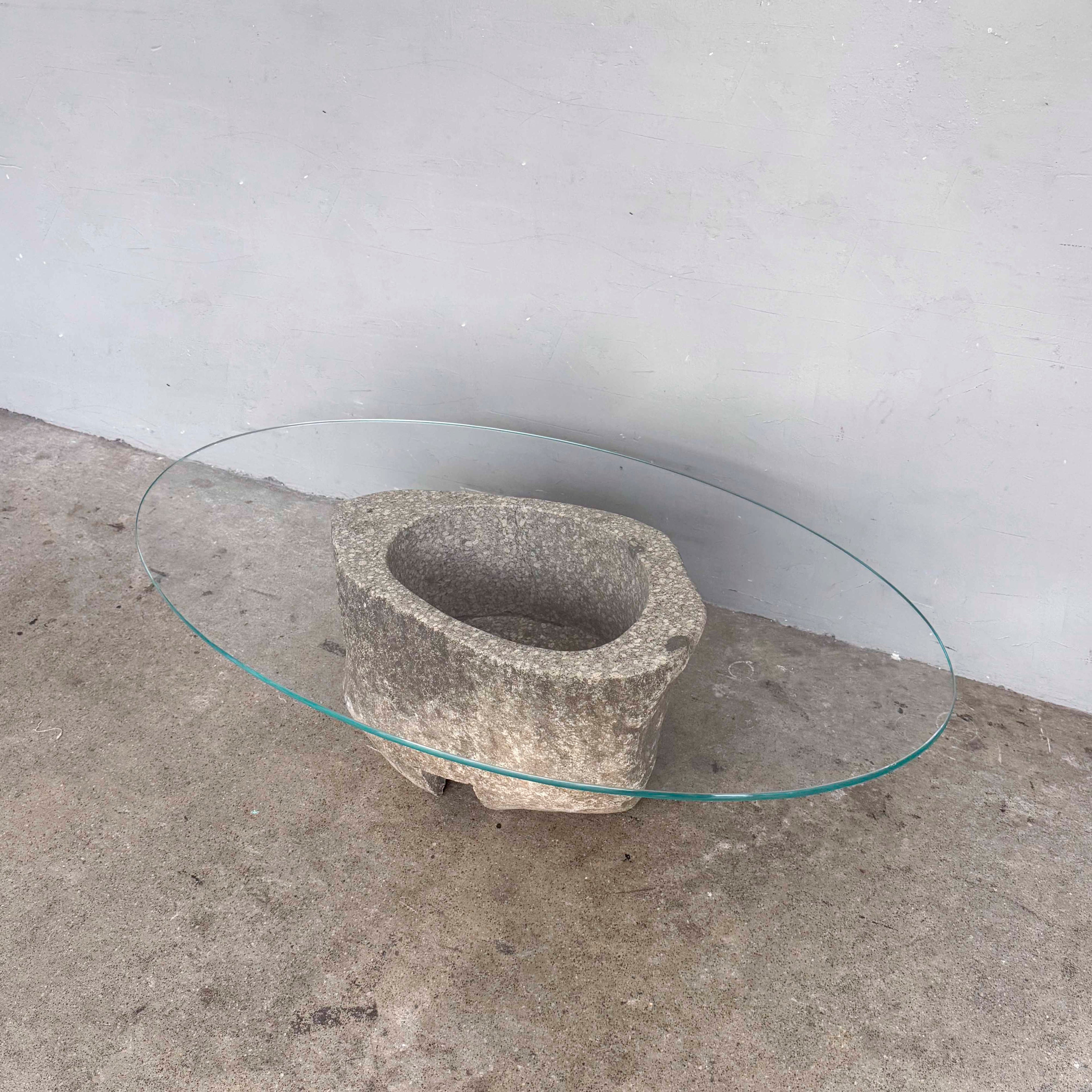 Oval Glass Coffee Table with Stone Base
