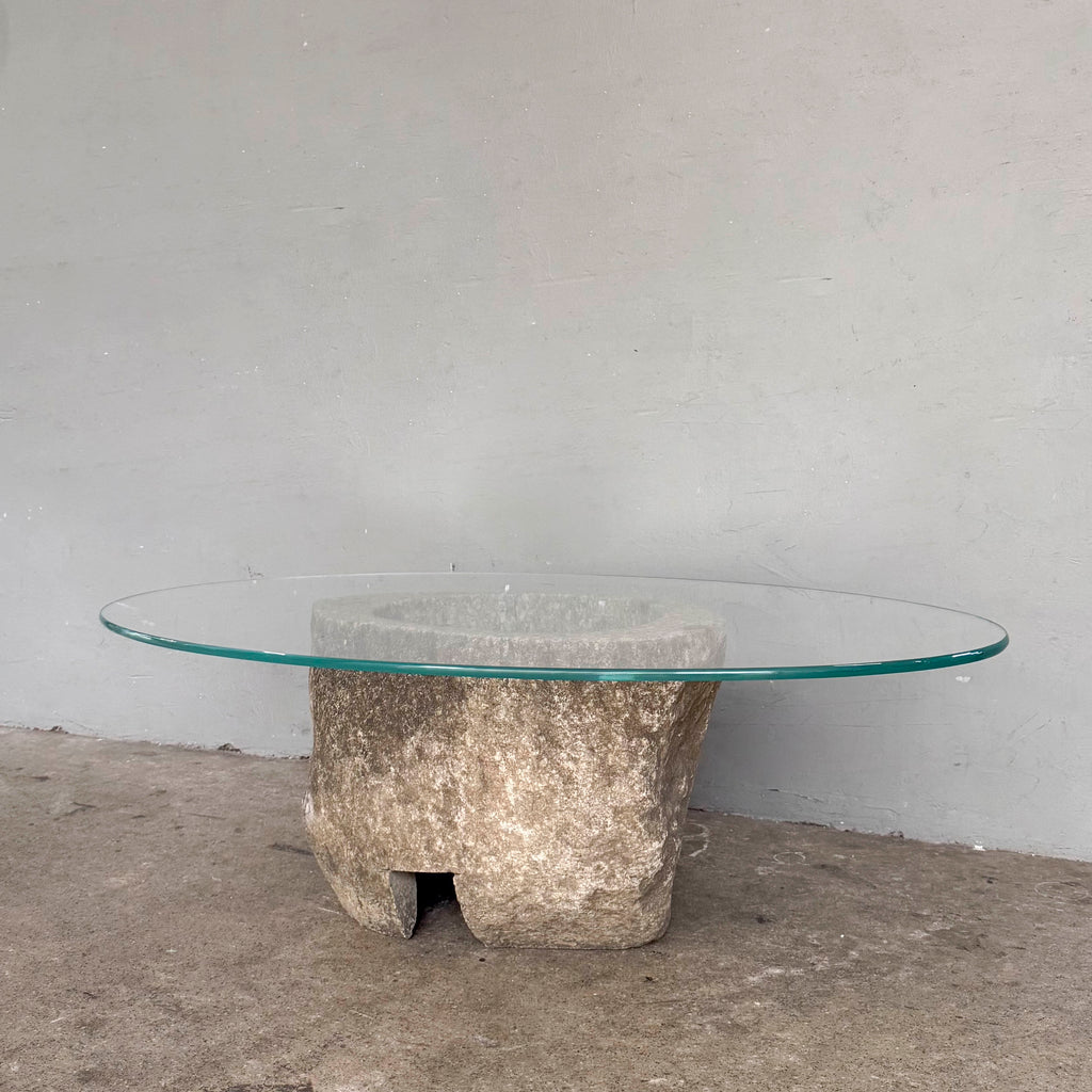 Oval Glass Coffee Table with Stone Base